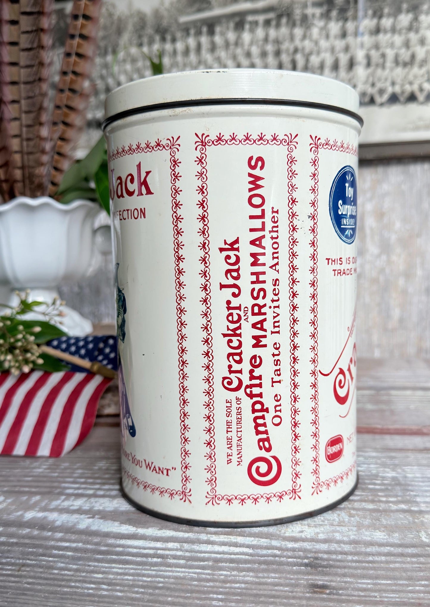 Vintage CRACKER JACK Tin Can Red White Blue Farmhouse Americana