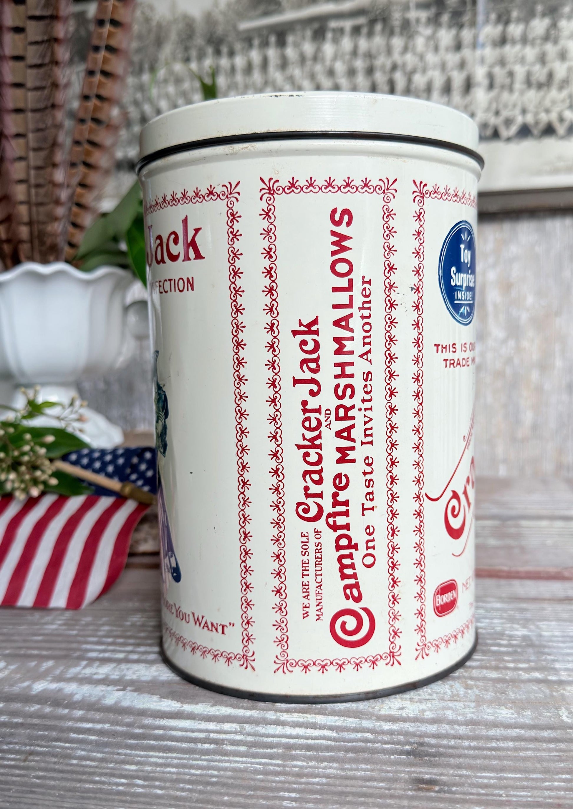 Vintage CRACKER JACK Tin Can Red White Blue Farmhouse Americana