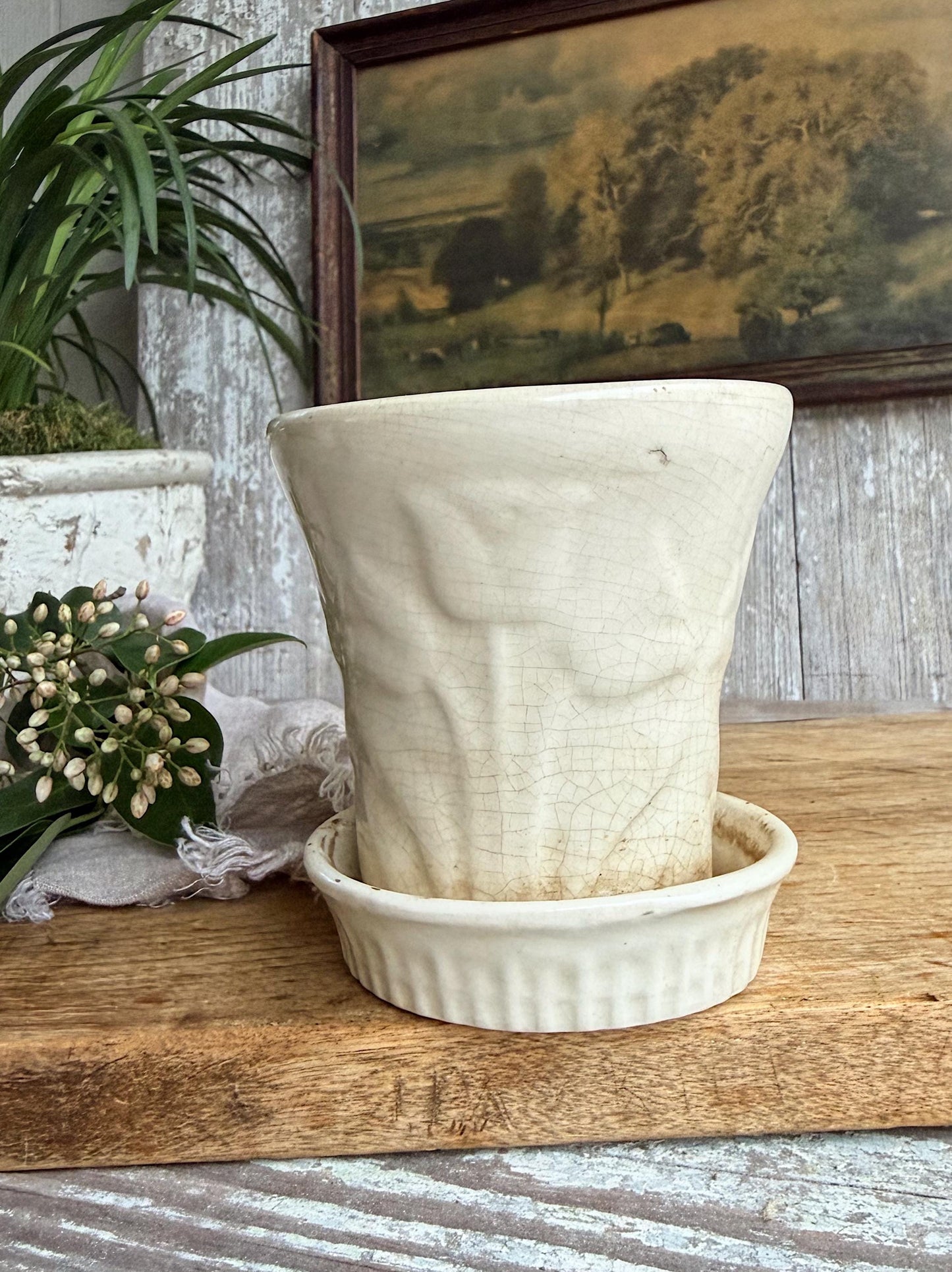 Antique Ironstone Flower Pot With Saucer USA Planter Farmhouse Vintage Garden Decor