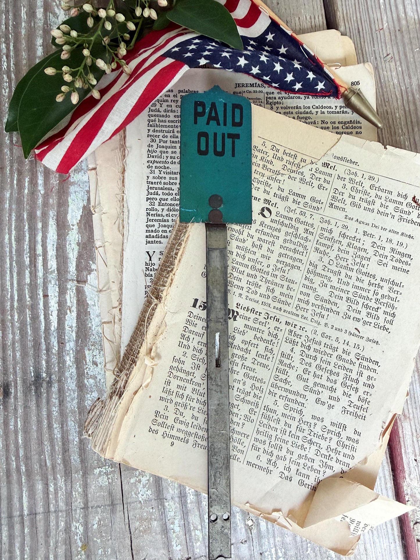 Antique Cash Register Flag Vintage BLUE Metal Paid Out Industrial Decor