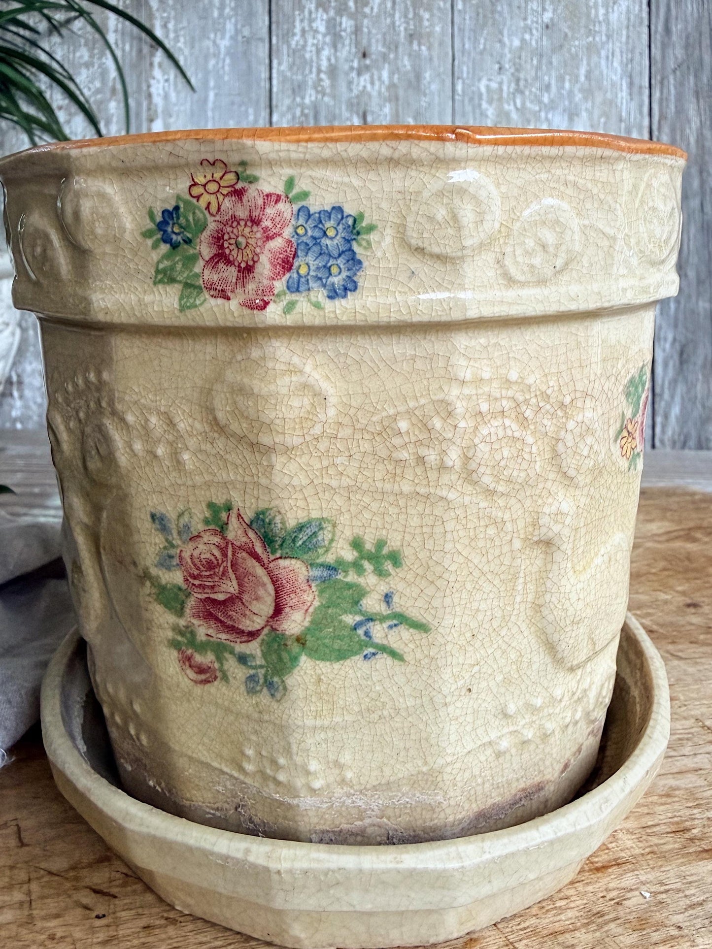 Antique JAPAN Ironstone Flower Pot, Vessel Planter Container Crazed Stained