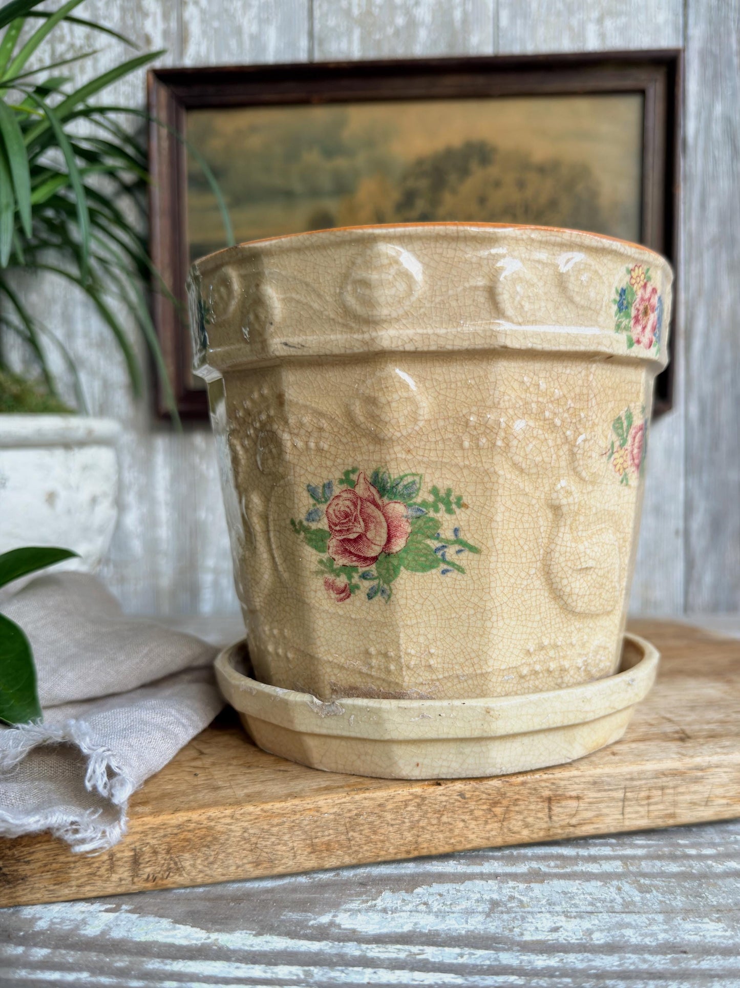 Antique JAPAN Ironstone Flower Pot, Vessel Planter Container Crazed Stained