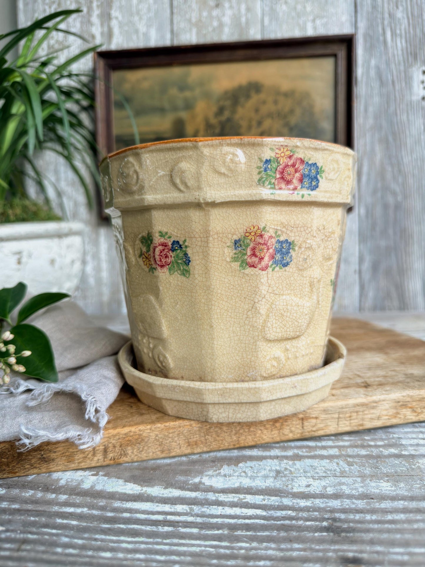 Antique JAPAN Ironstone Flower Pot, Vessel Planter Container Crazed Stained