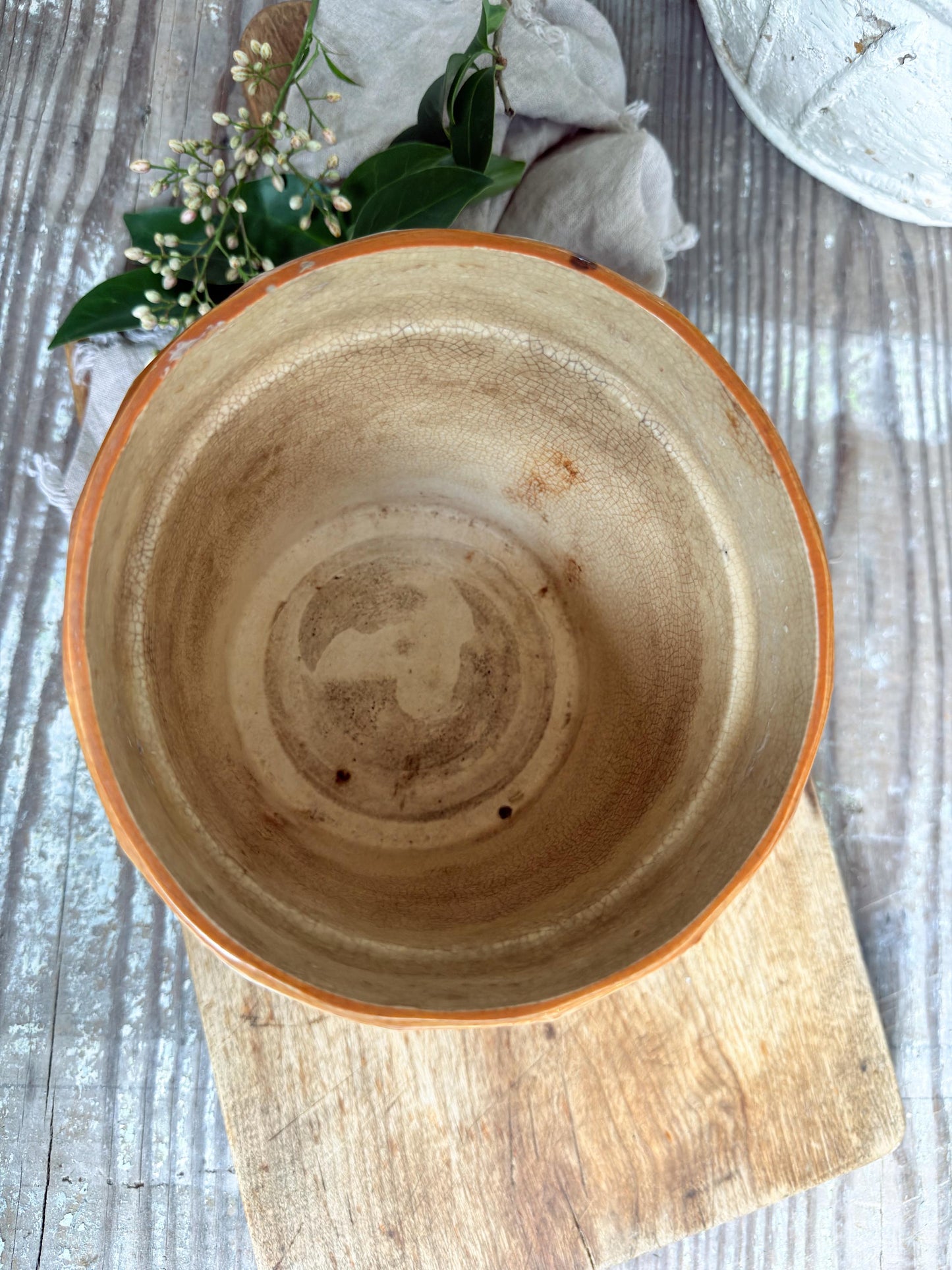 Antique JAPAN Ironstone Flower Pot, Vessel Planter Container Crazed Stained