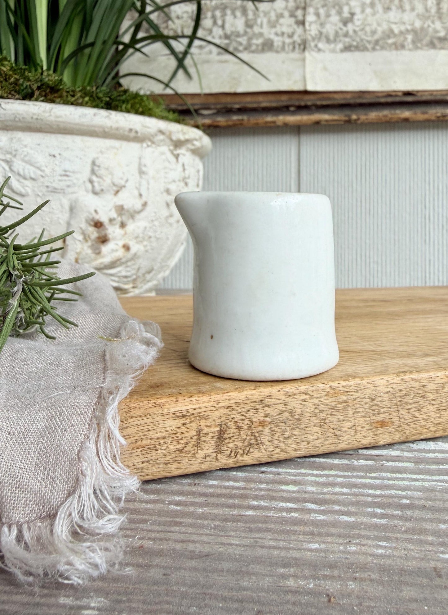 Vintage Ironstone Creamer – Small White Syrup Pitcher, Handleless Chunky Farmhouse Primitive Decor
