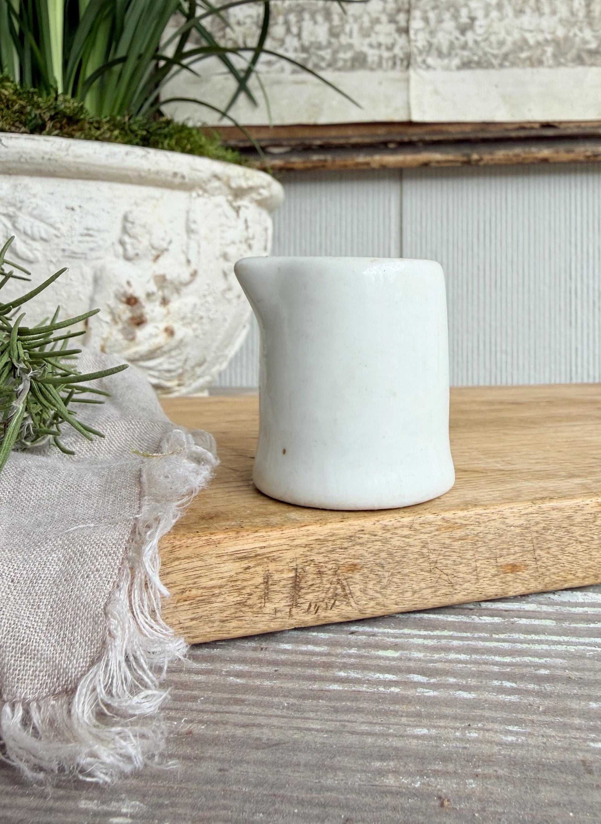 Vintage Ironstone Creamer – Small White Syrup Pitcher, Handleless Chunky Farmhouse Primitive Decor
