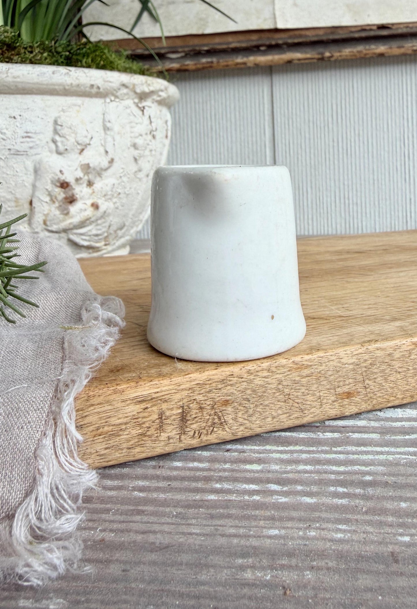 Vintage Ironstone Creamer – Small White Syrup Pitcher, Handleless Chunky Farmhouse Primitive Decor