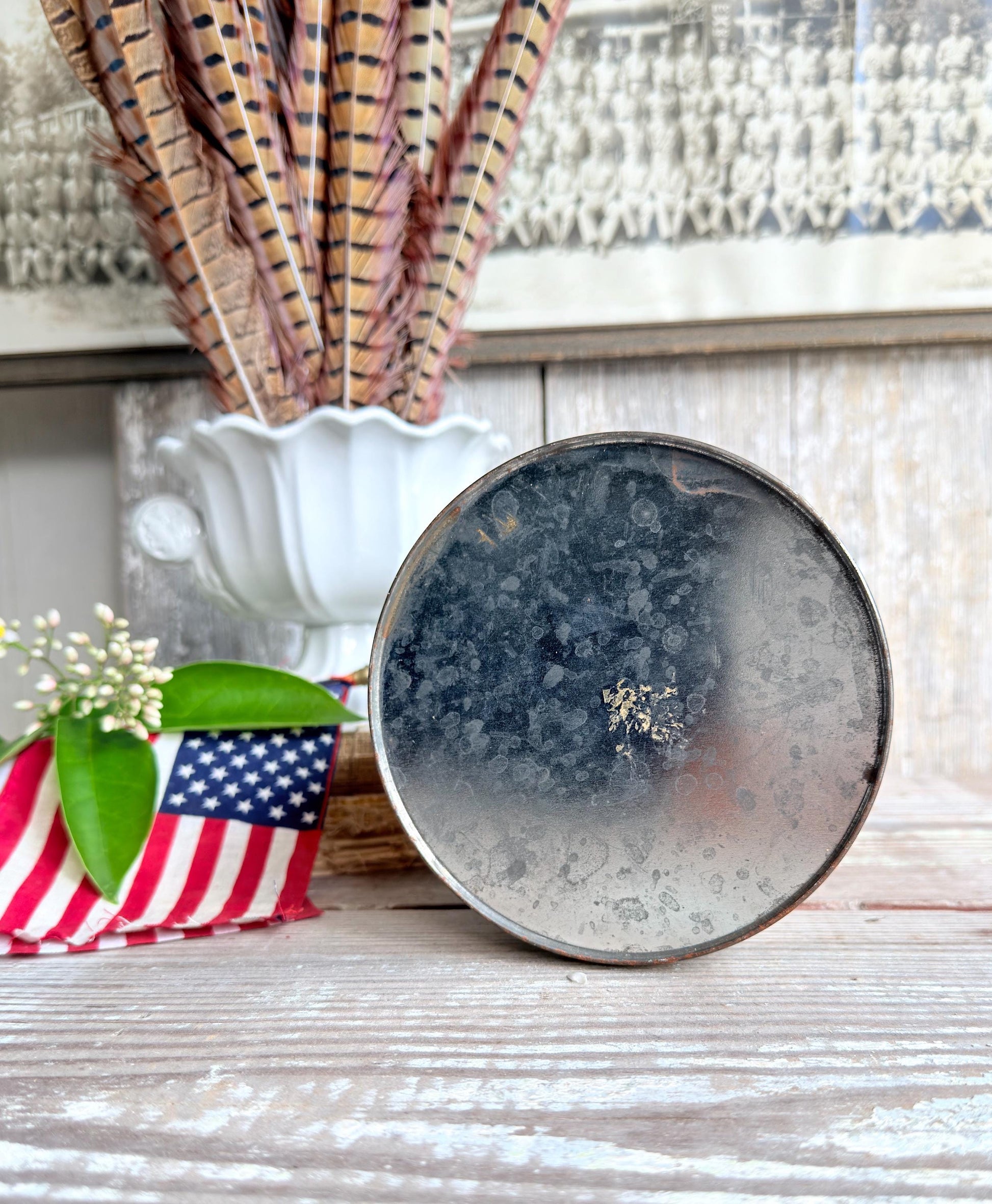 Vintage CRACKER JACK Tin Can Red White Blue Farmhouse Americana