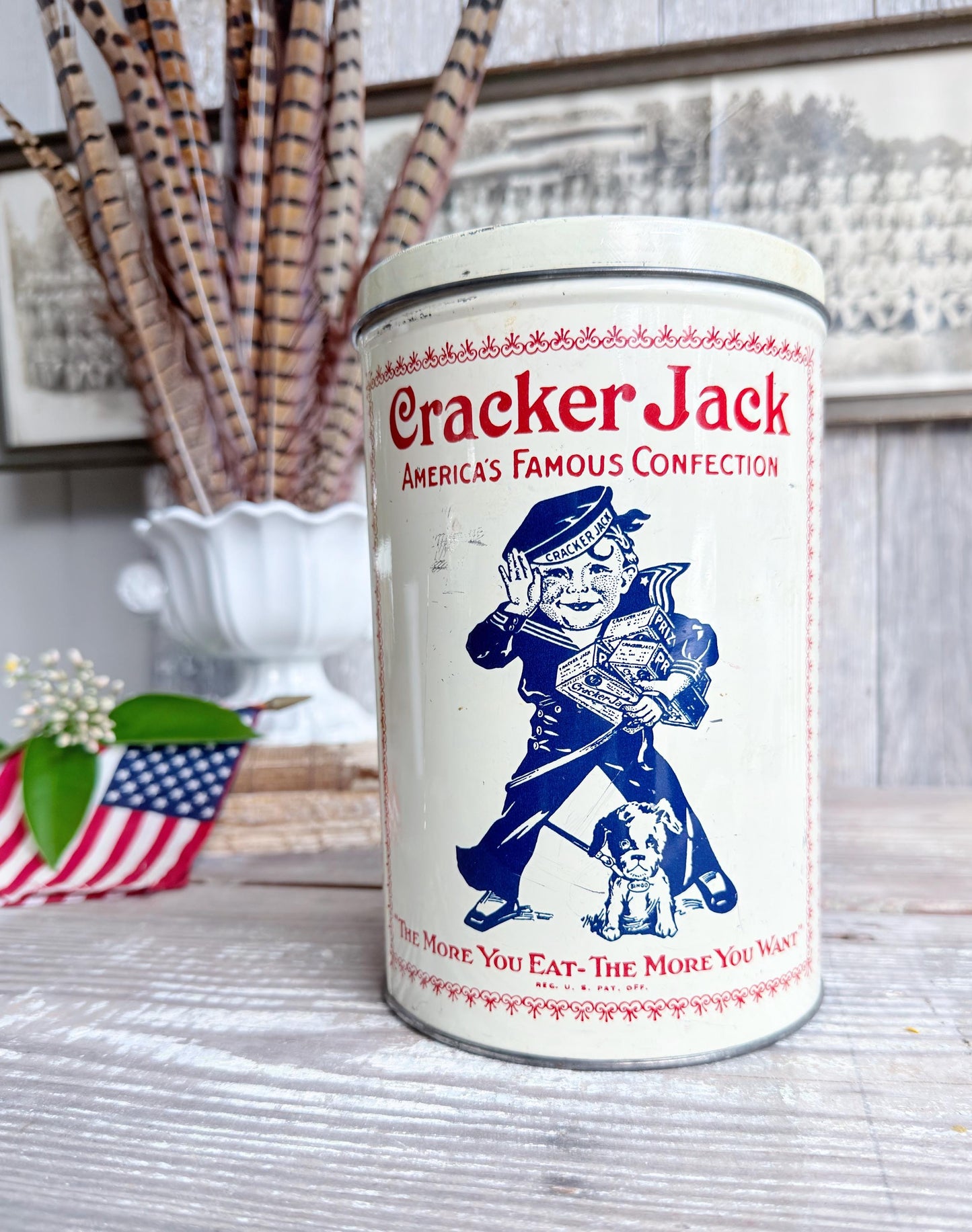 Vintage CRACKER JACK Tin Can Red White Blue Farmhouse Americana