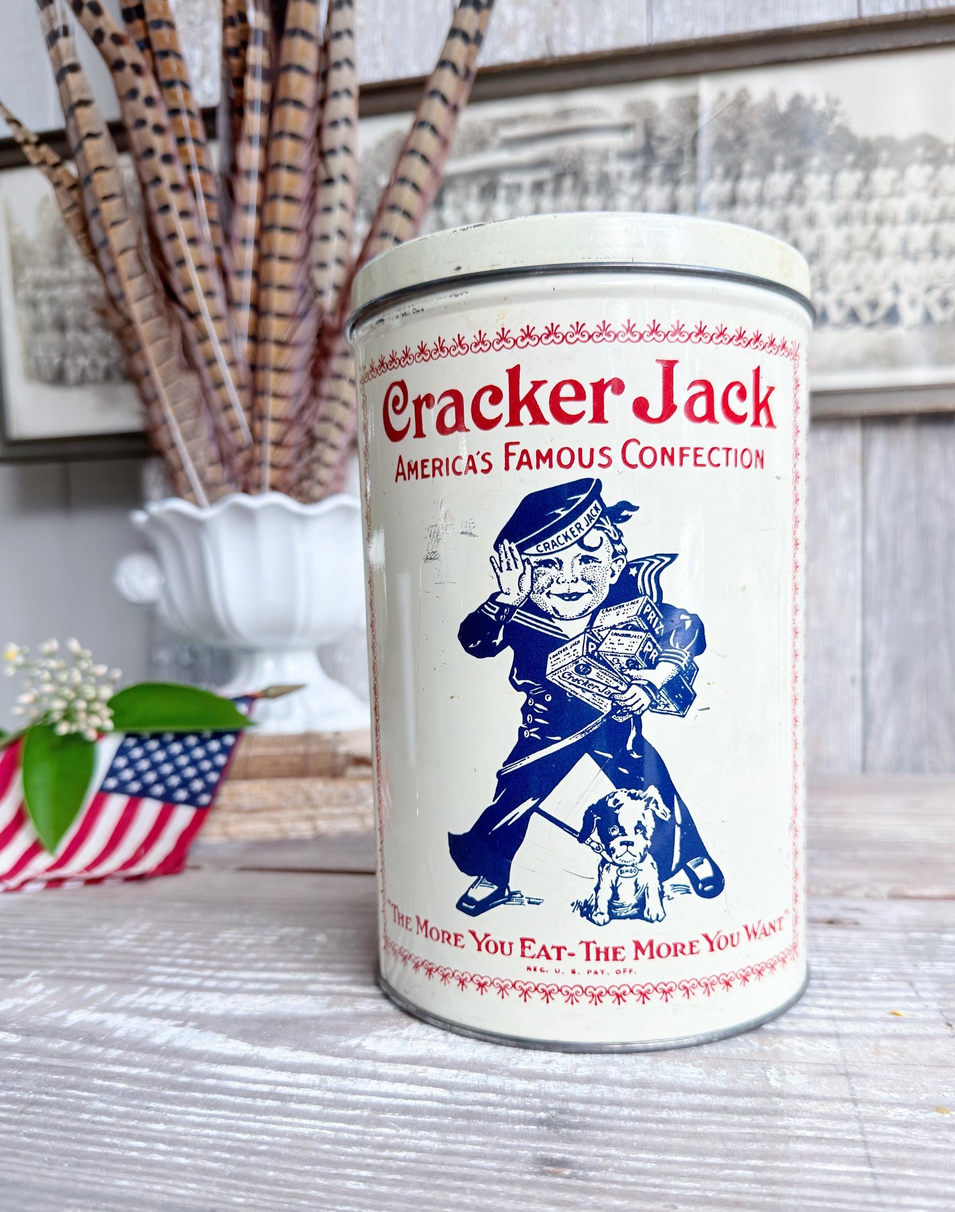 Vintage CRACKER JACK Tin Can Red White Blue Farmhouse Americana