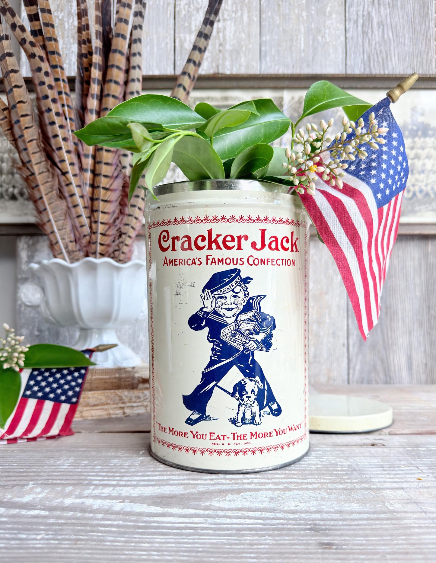 Vintage CRACKER JACK Tin Can Red White Blue Farmhouse Americana