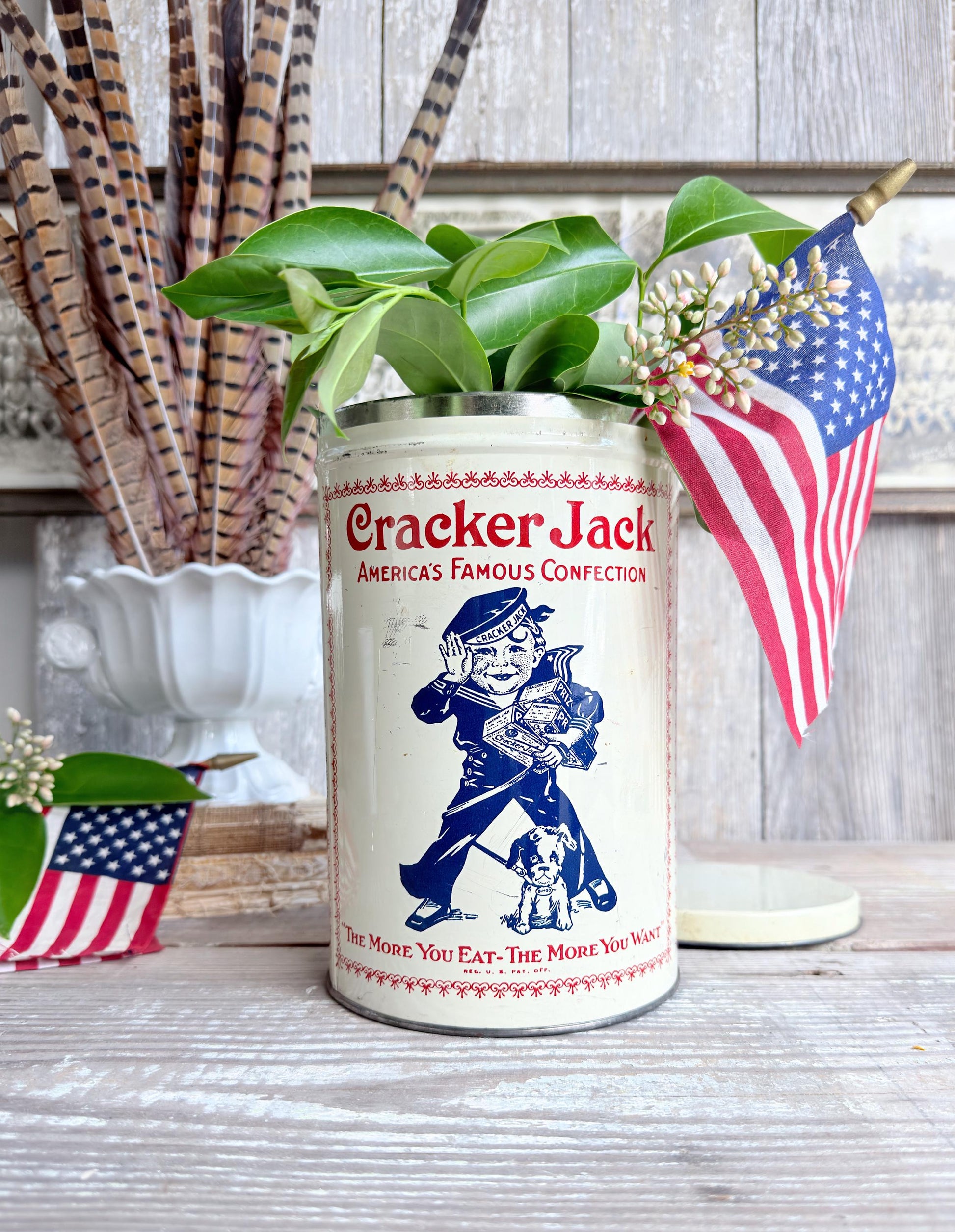 Vintage CRACKER JACK Tin Can Red White Blue Farmhouse Americana