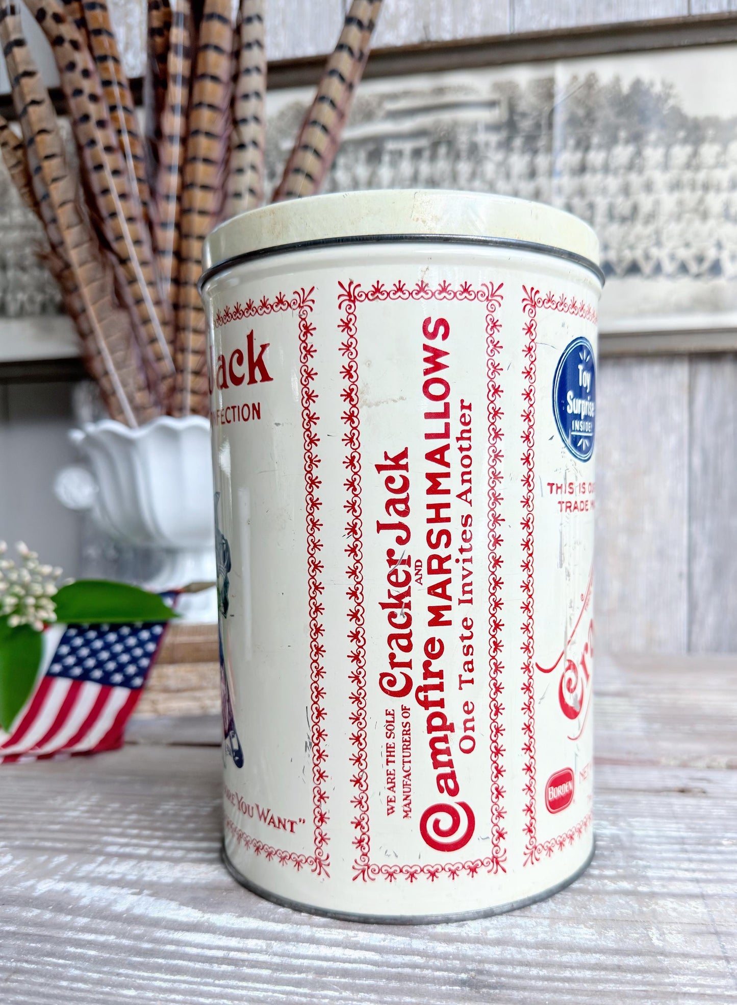 Vintage CRACKER JACK Tin Can Red White Blue Farmhouse Americana
