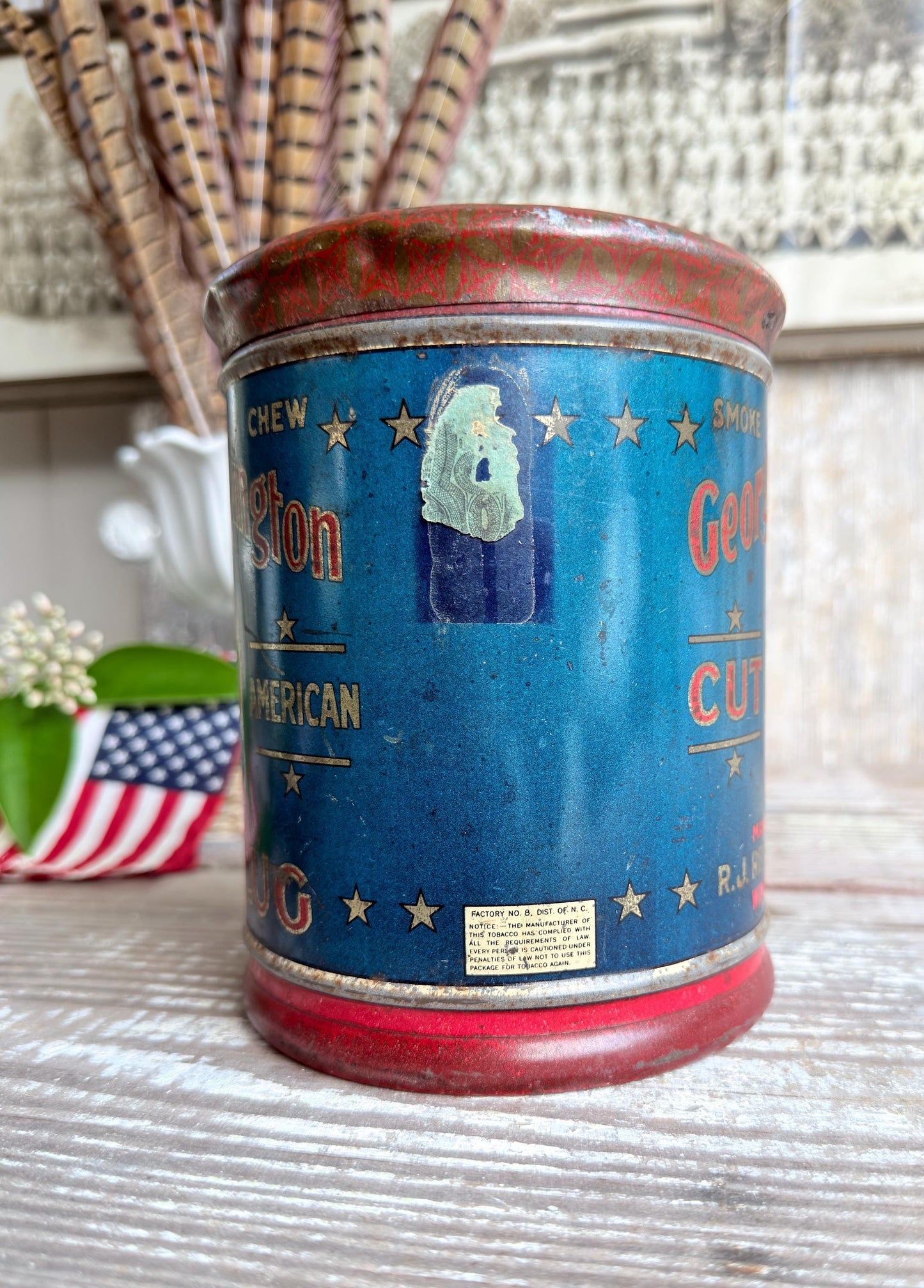 Antique Washington Tobacco Tin Americana Advertising Patriotic Farmhouee Decor
