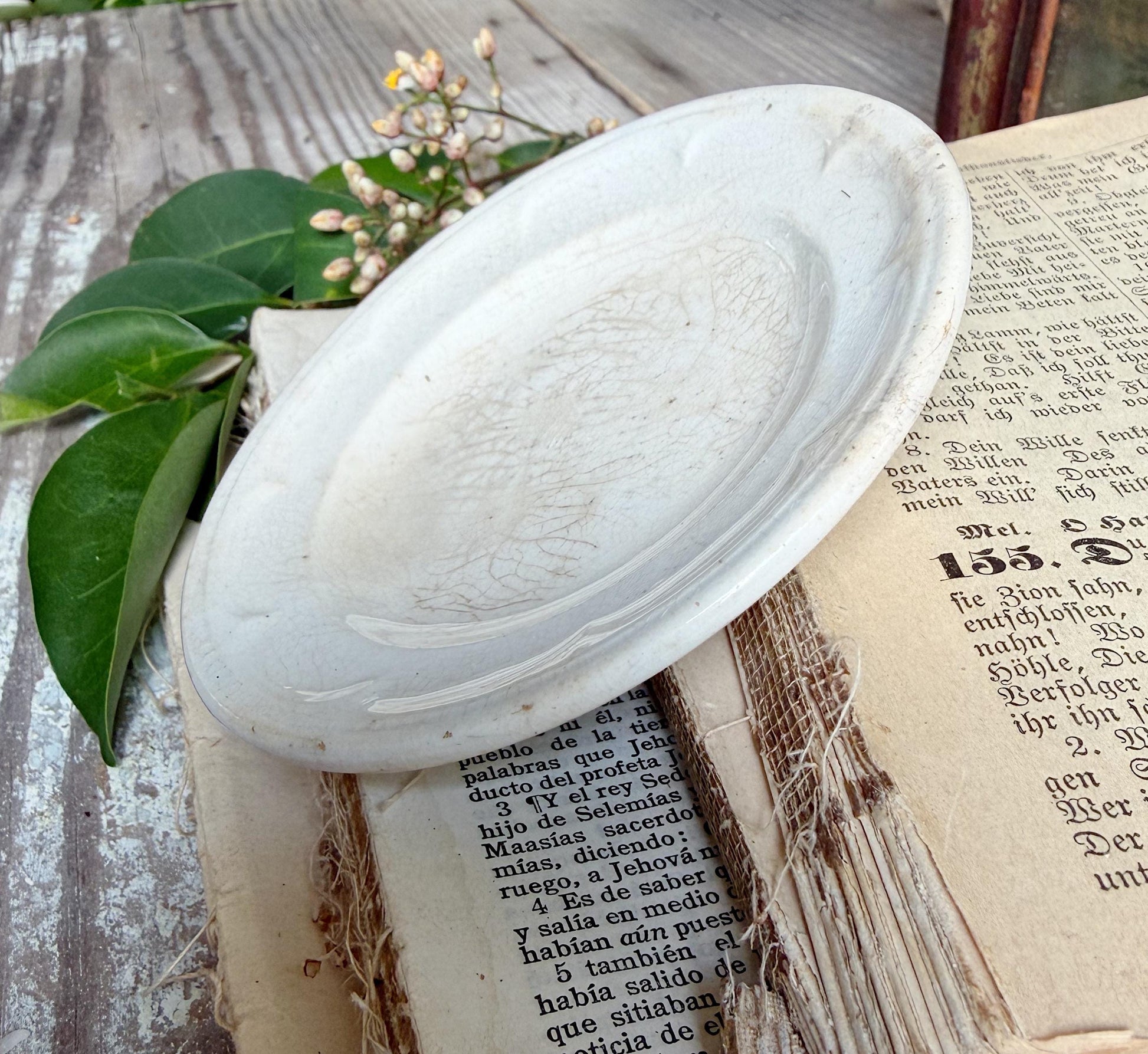 Antique White Ironstone PLATE Soap Side Dish Farmhouse Crazed Stained