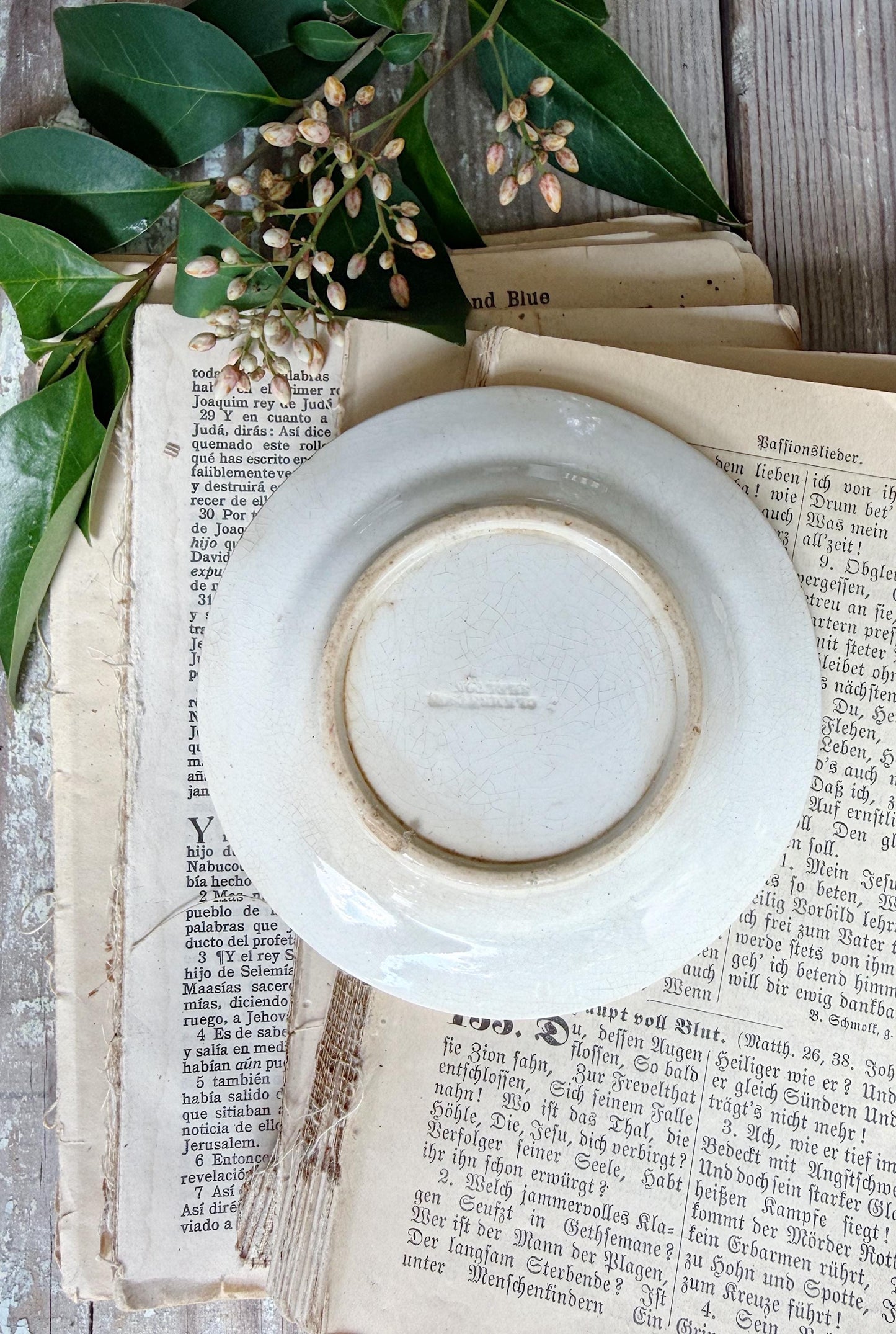 Antique White Ironstone PLATE Soap Side Dish Farmhouse Crazed Stained