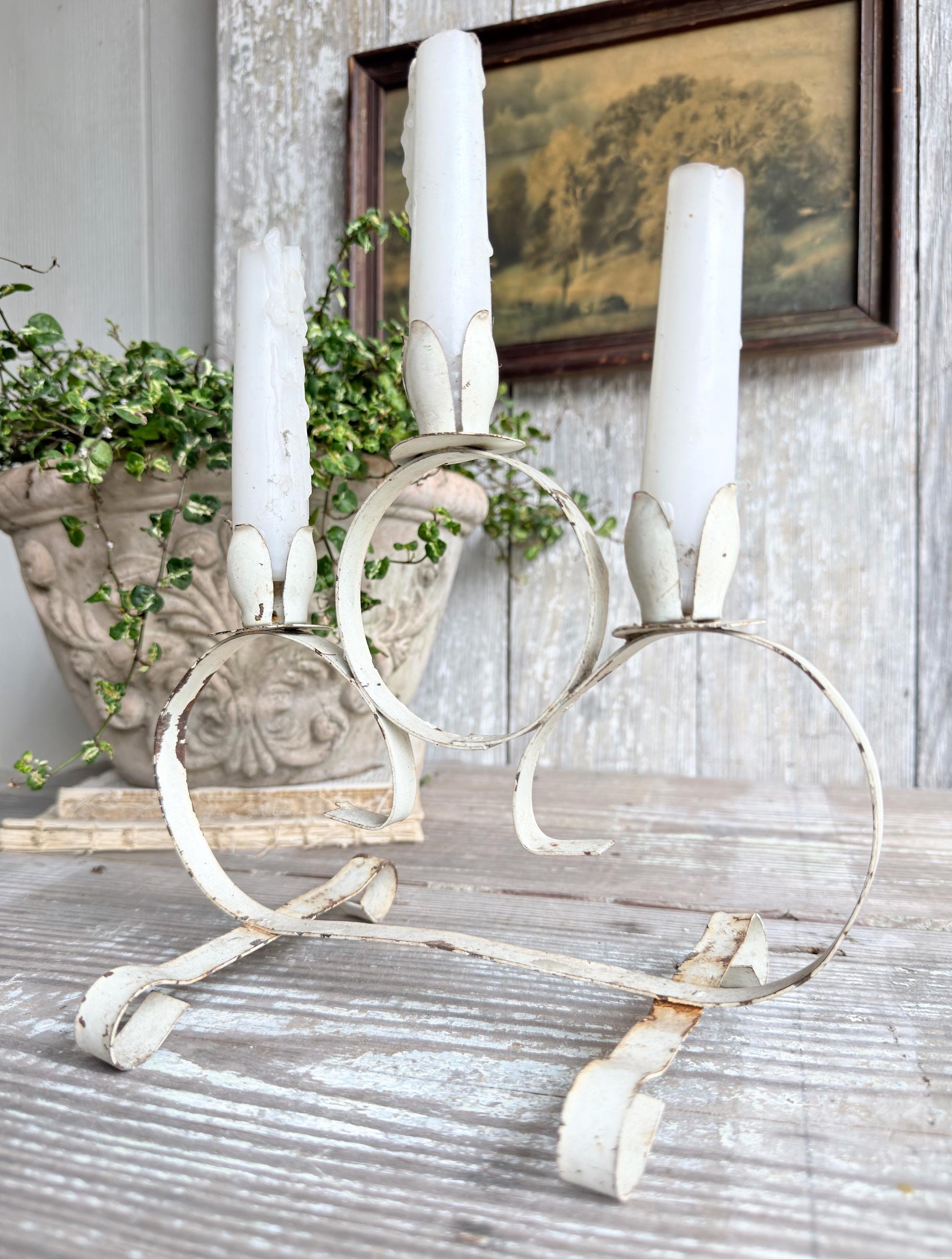 Vintage Chippy White Metal Candelabra Farmhouse Shabby Candle Holder