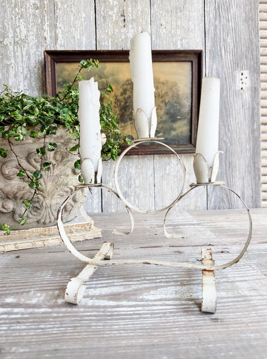 Vintage Chippy White Metal Candelabra Farmhouse Shabby Candle Holder
