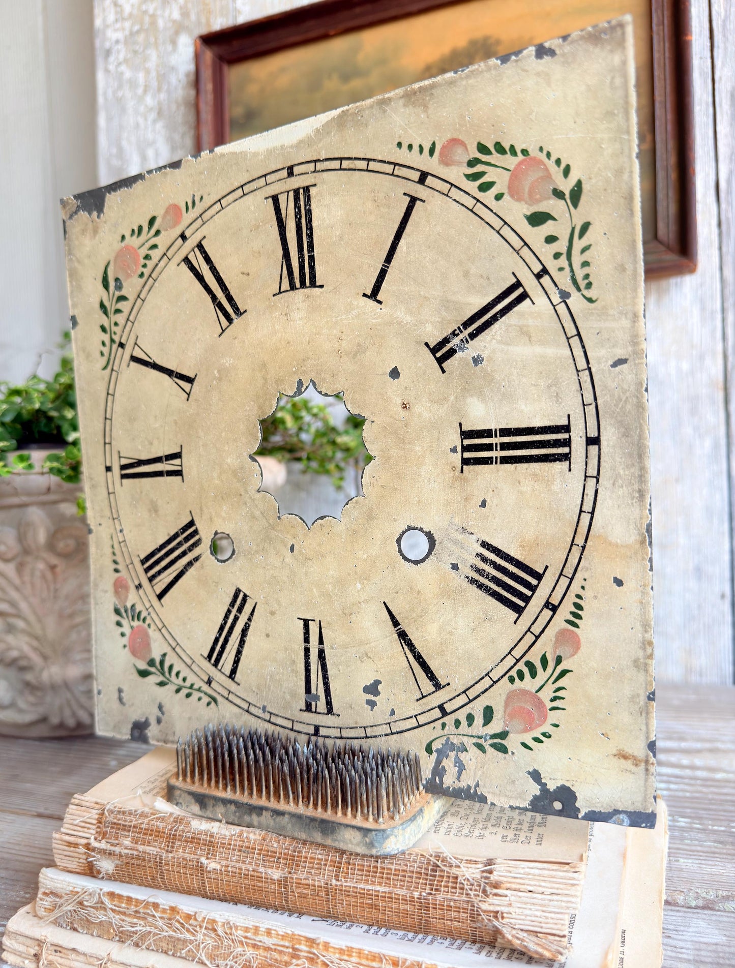 Antique Clock Face Metal Painted Dial FLOWERS Folk Art Primitive Farmhouse