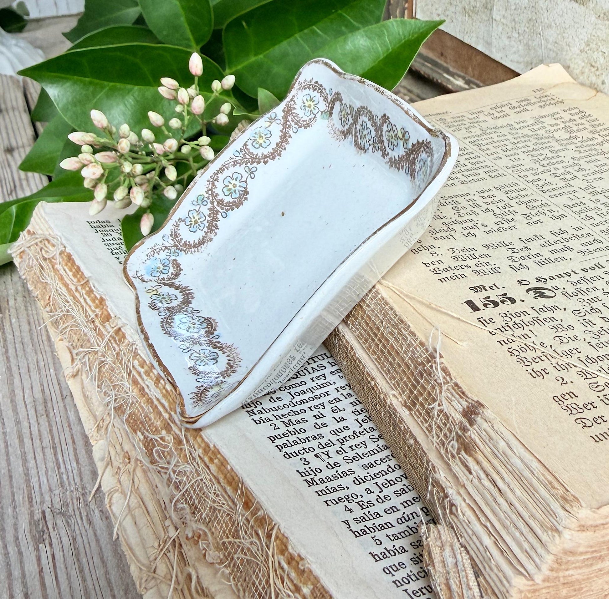 Antique SQUARE White Ironstone Butter Pat Transferware Floral Farmhouse Decor