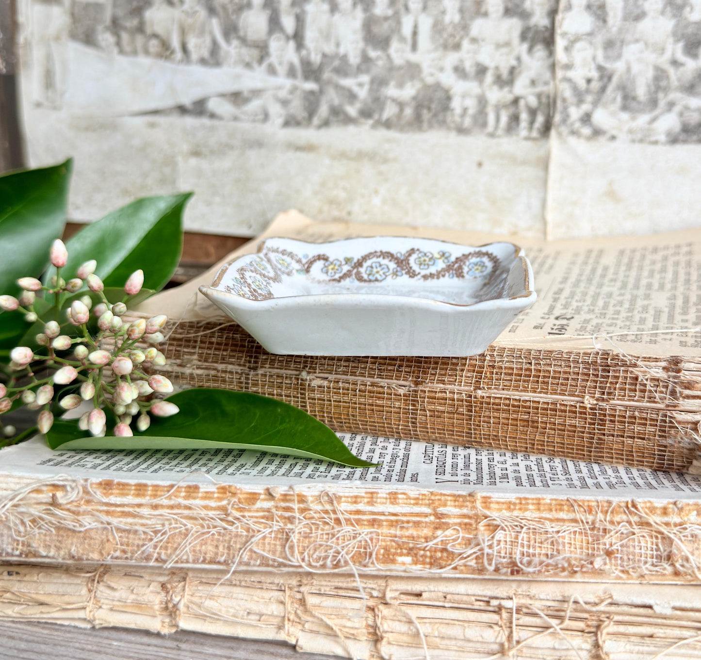 Antique SQUARE White Ironstone Butter Pat Transferware Floral Farmhouse Decor