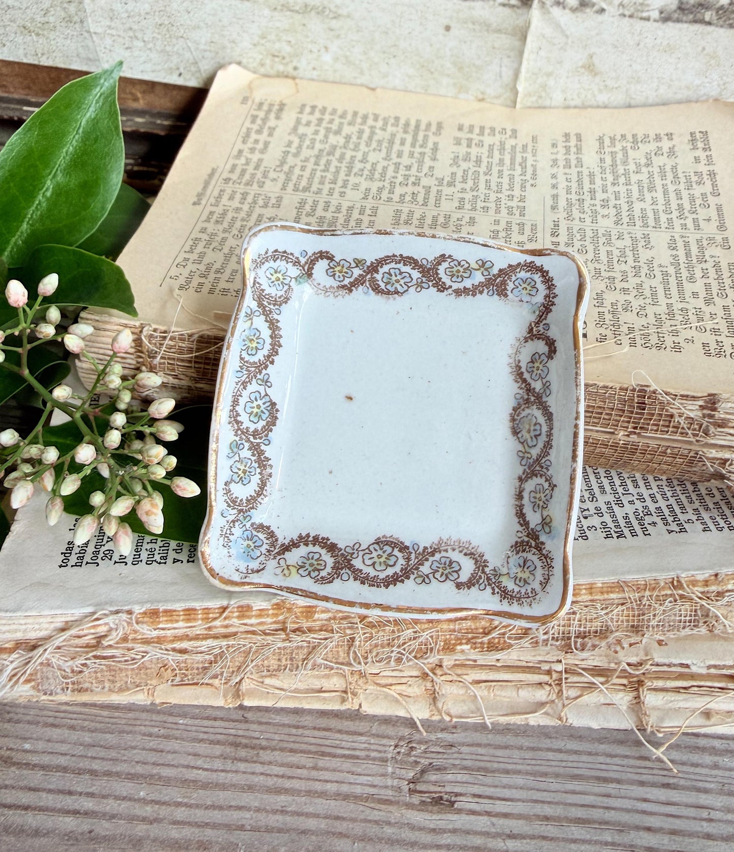 Antique SQUARE White Ironstone Butter Pat Transferware Floral Farmhouse Decor