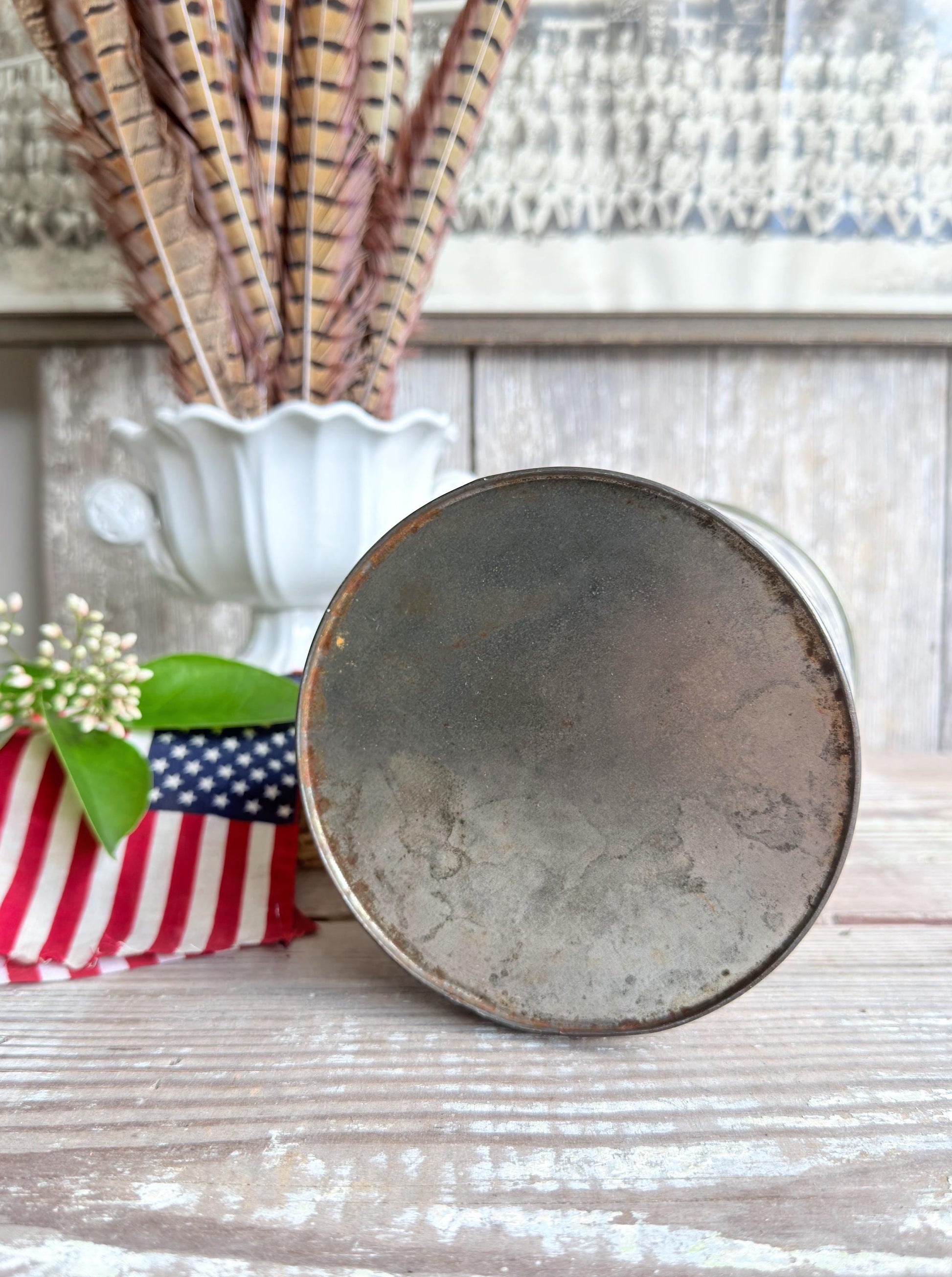 Vintage CRACKER JACK Tin Can Red White Blue Farmhouse Americana Decor Rare Red Lid