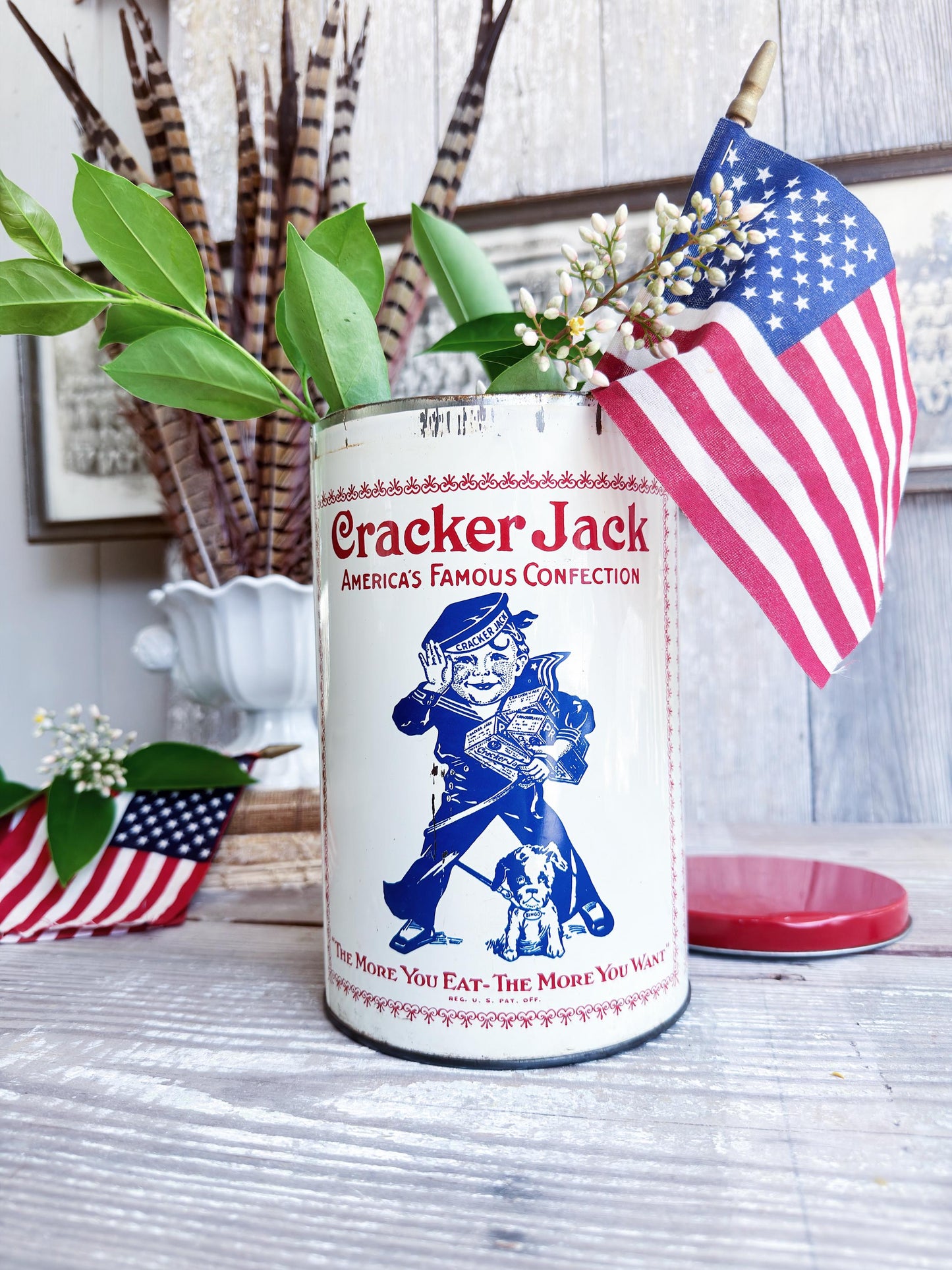 Vintage CRACKER JACK Tin Can Red White Blue Farmhouse Americana Decor Rare Red Lid