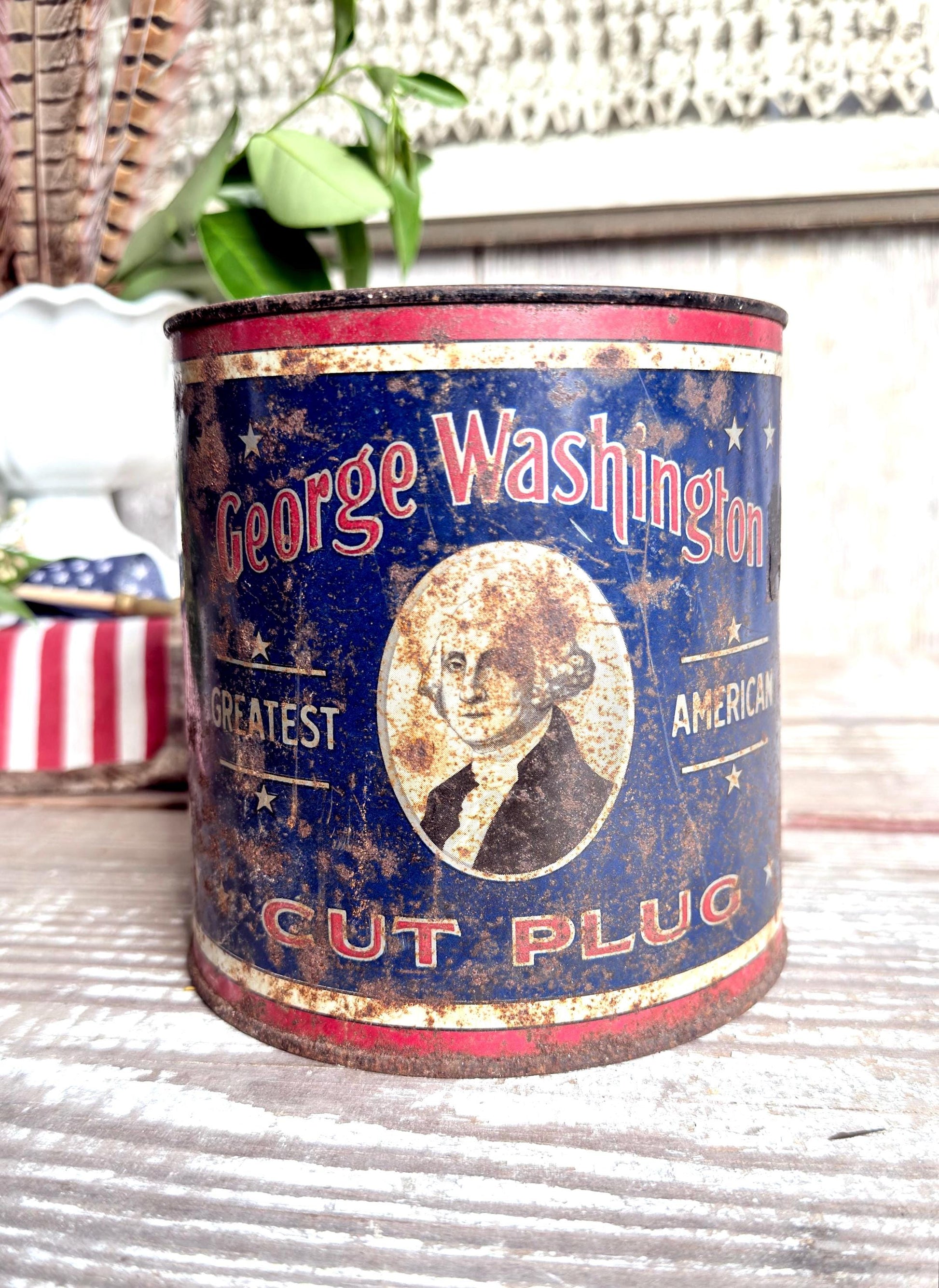 Vintage Washington Tobacco Tin Americana Patriotic Decor Farmhouee Decor