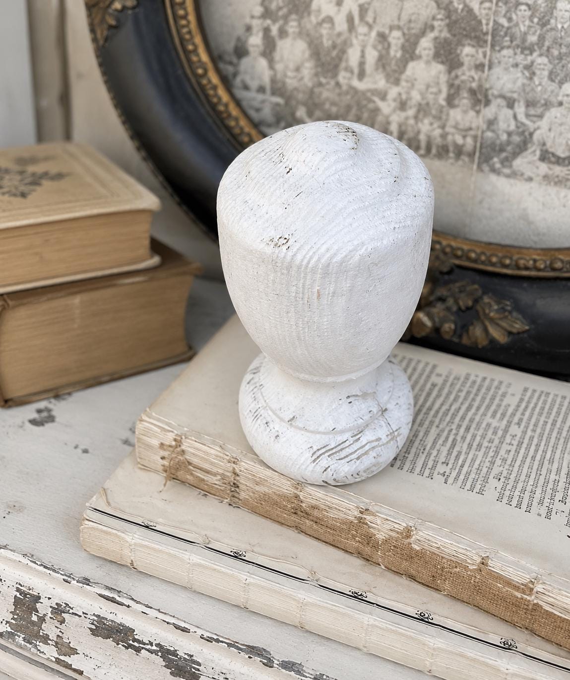 Vintage Chippy White Wood BALL Finial Newell Post Cap Carved Wood