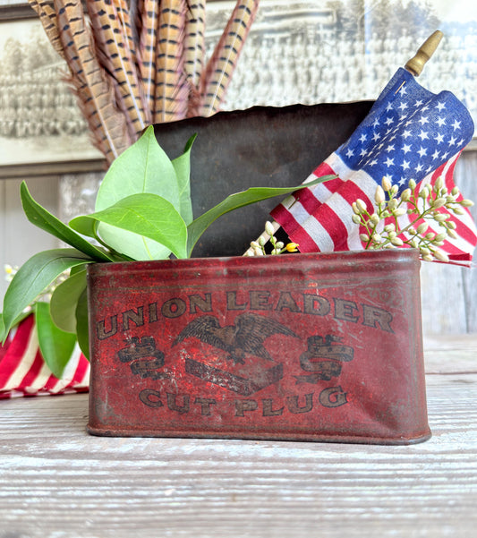 Antique UNION LEADER Tobacco Tin Box EAGLE With Lid Americana Decor