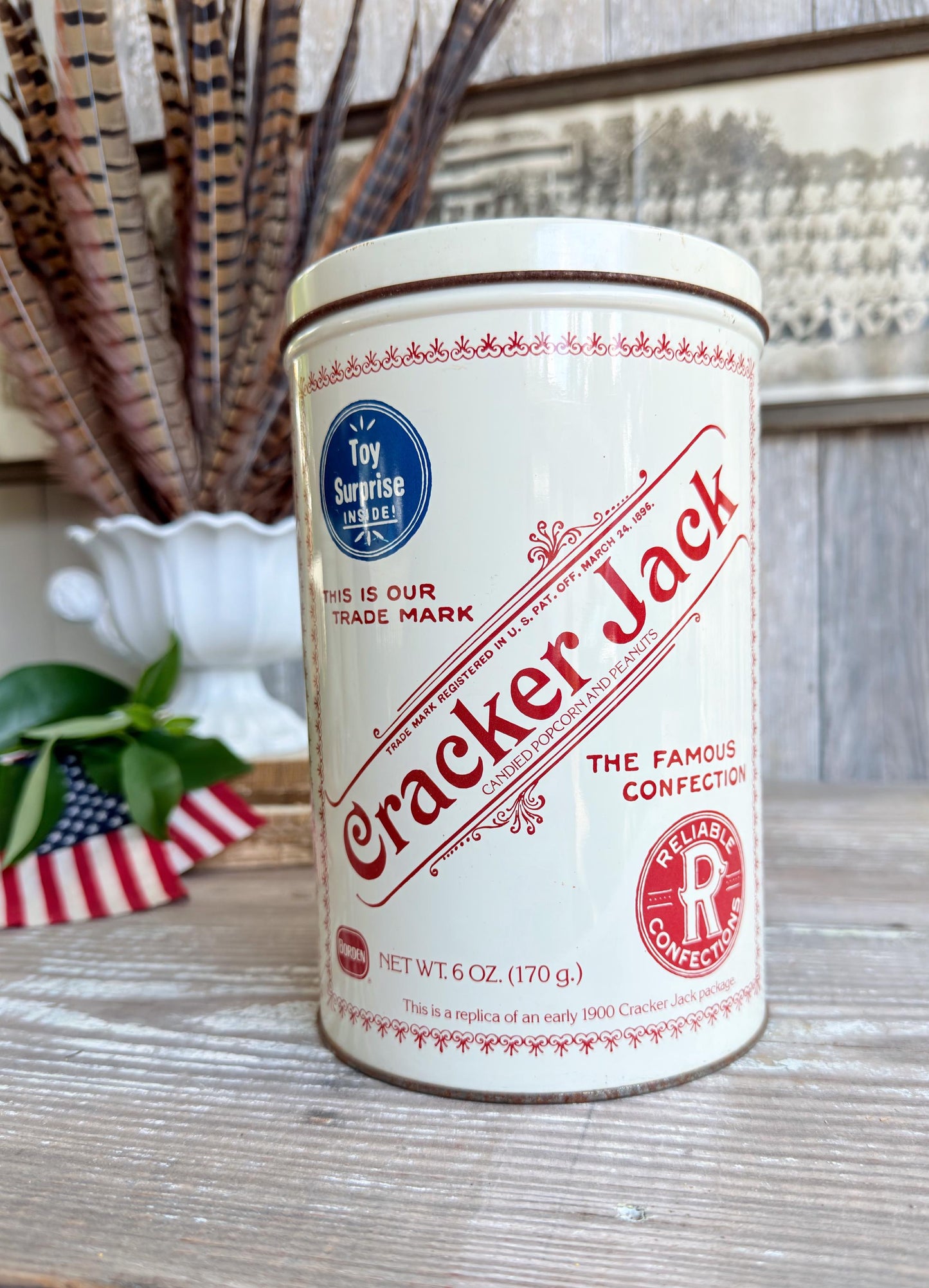Vintage CRACKER JACK Tin Can Red White Blue Farmhouse Americana Decor