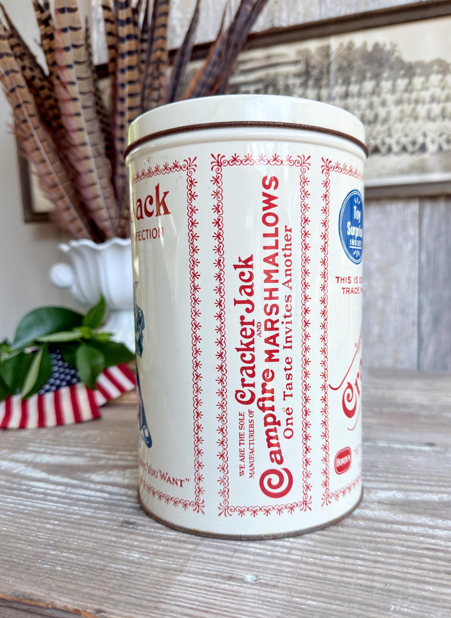 Vintage CRACKER JACK Tin Can Red White Blue Farmhouse Americana Decor