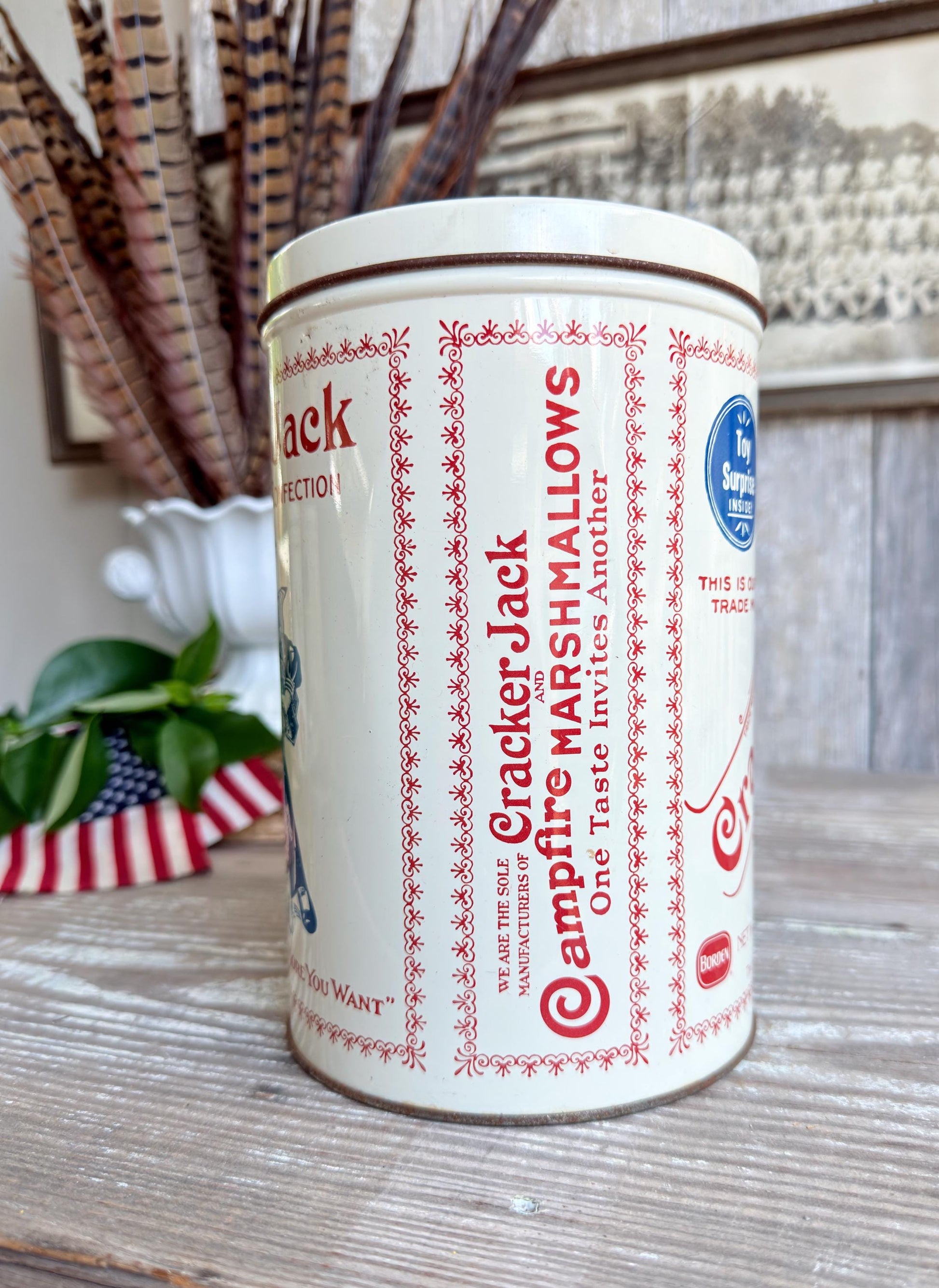 Vintage CRACKER JACK Tin Can Red White Blue Farmhouse Americana Decor