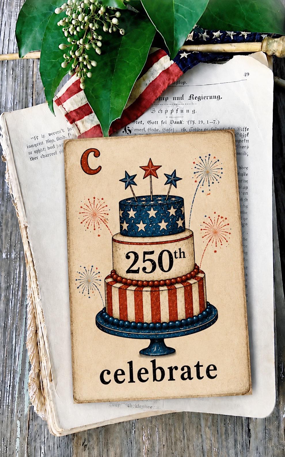 CELEBRATE Flash Card 250th Vintage Americana Patriotic Fourth July Decor