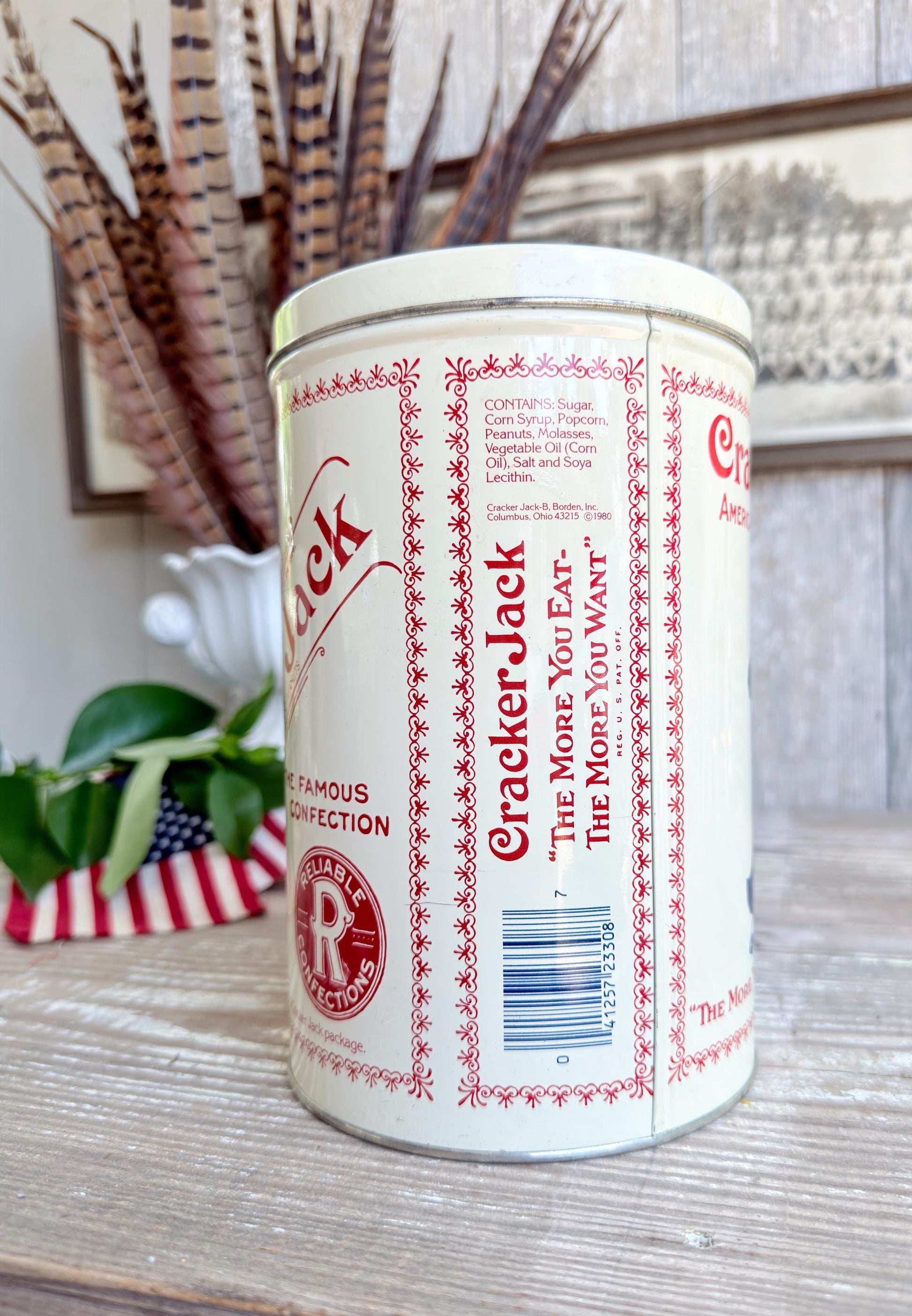 Vintage CRACKER JACK Tin Can Red White Blue Farmhouse Americana Decor