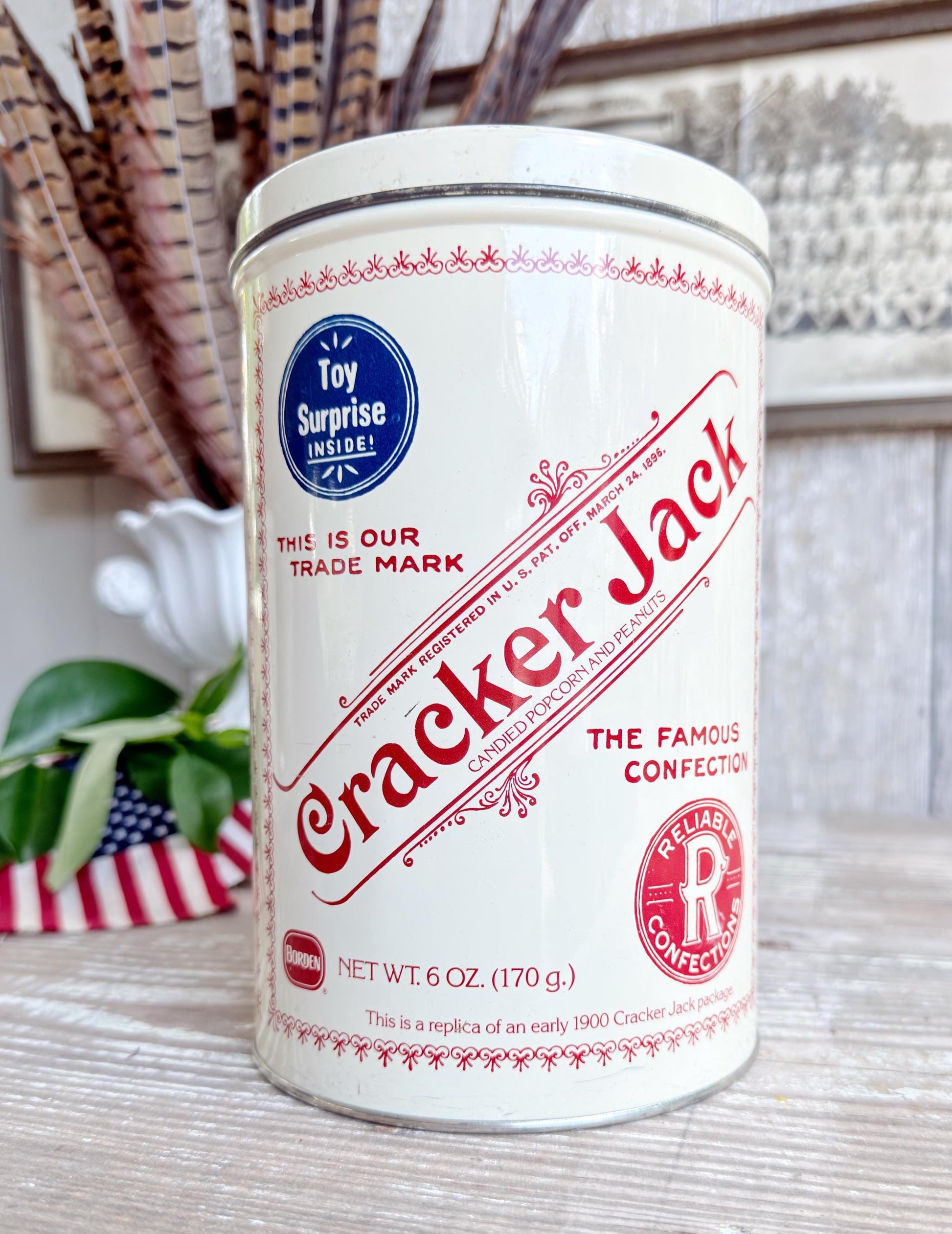 Vintage CRACKER JACK Tin Can Red White Blue Farmhouse Americana Decor