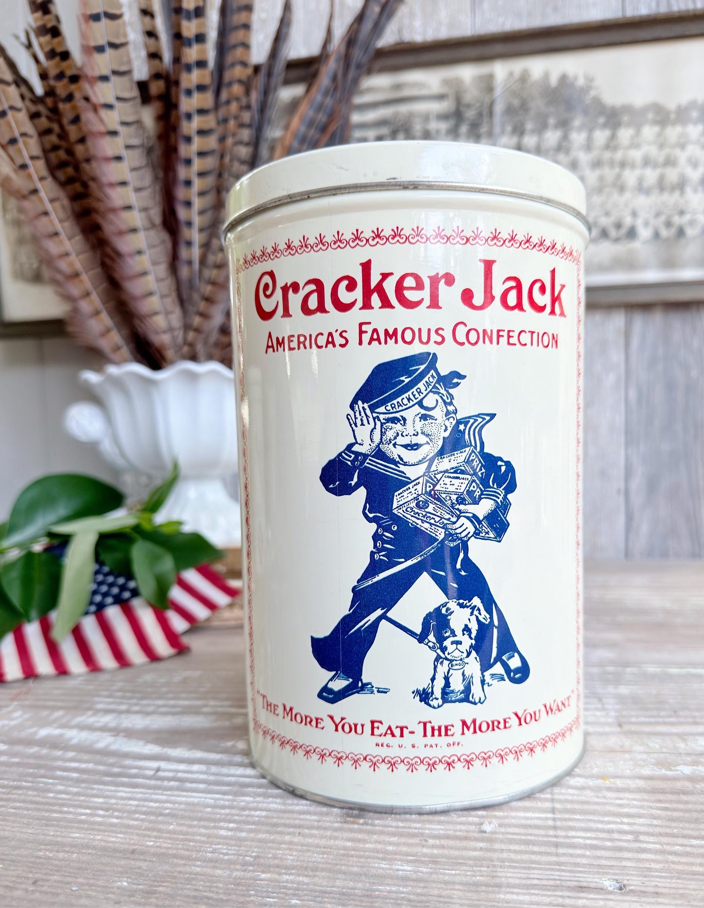 Vintage CRACKER JACK Tin Can Red White Blue Farmhouse Americana Decor