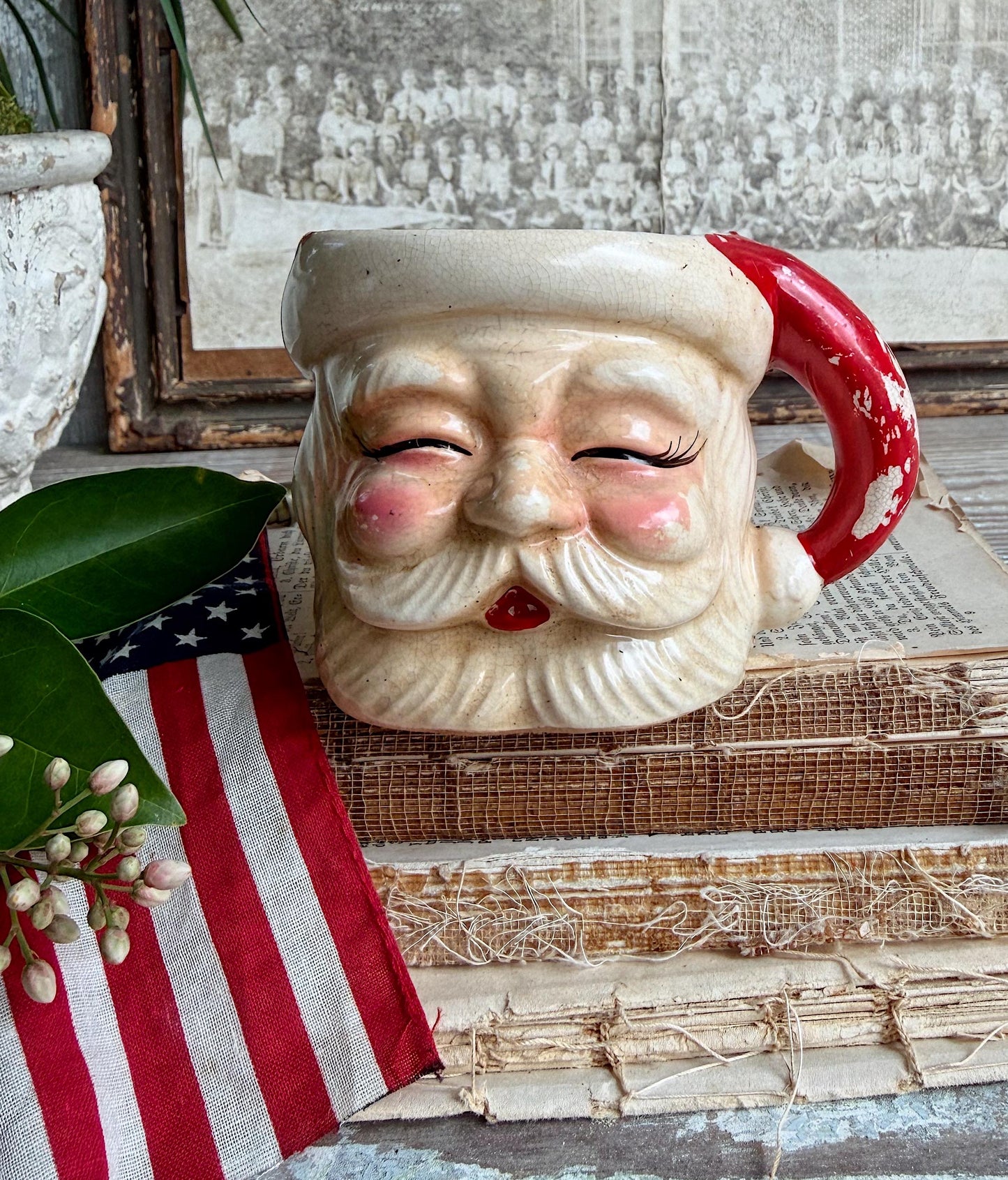 Vintage Ironstone Santa Claus Cup Mug FULL SIZE Crazed Stained Americana