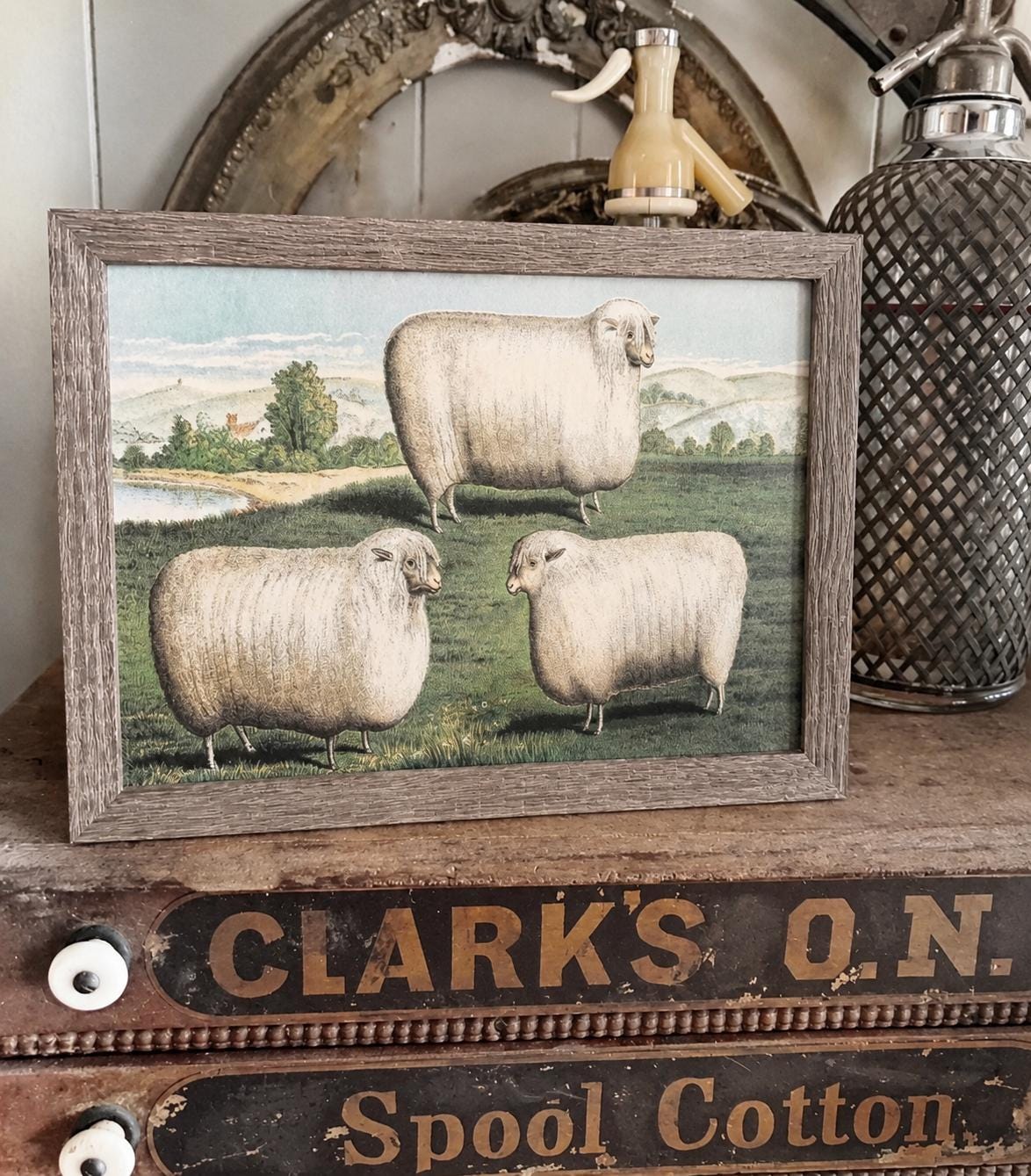 Vintage FRAMED SHEEP HERD Wood Sign Primitive Farmhouse Decor Illustration Book Page Wall Art Print Pasture Farm Antique Image