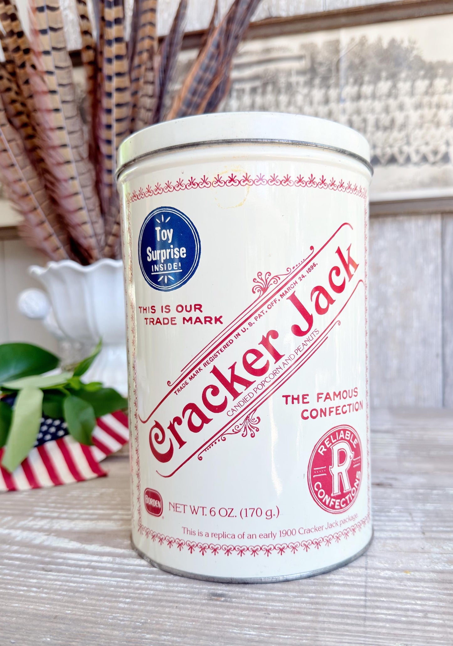 Vintage CRACKER JACK Tin Can Red White Blue Farmhouse Americana Decor