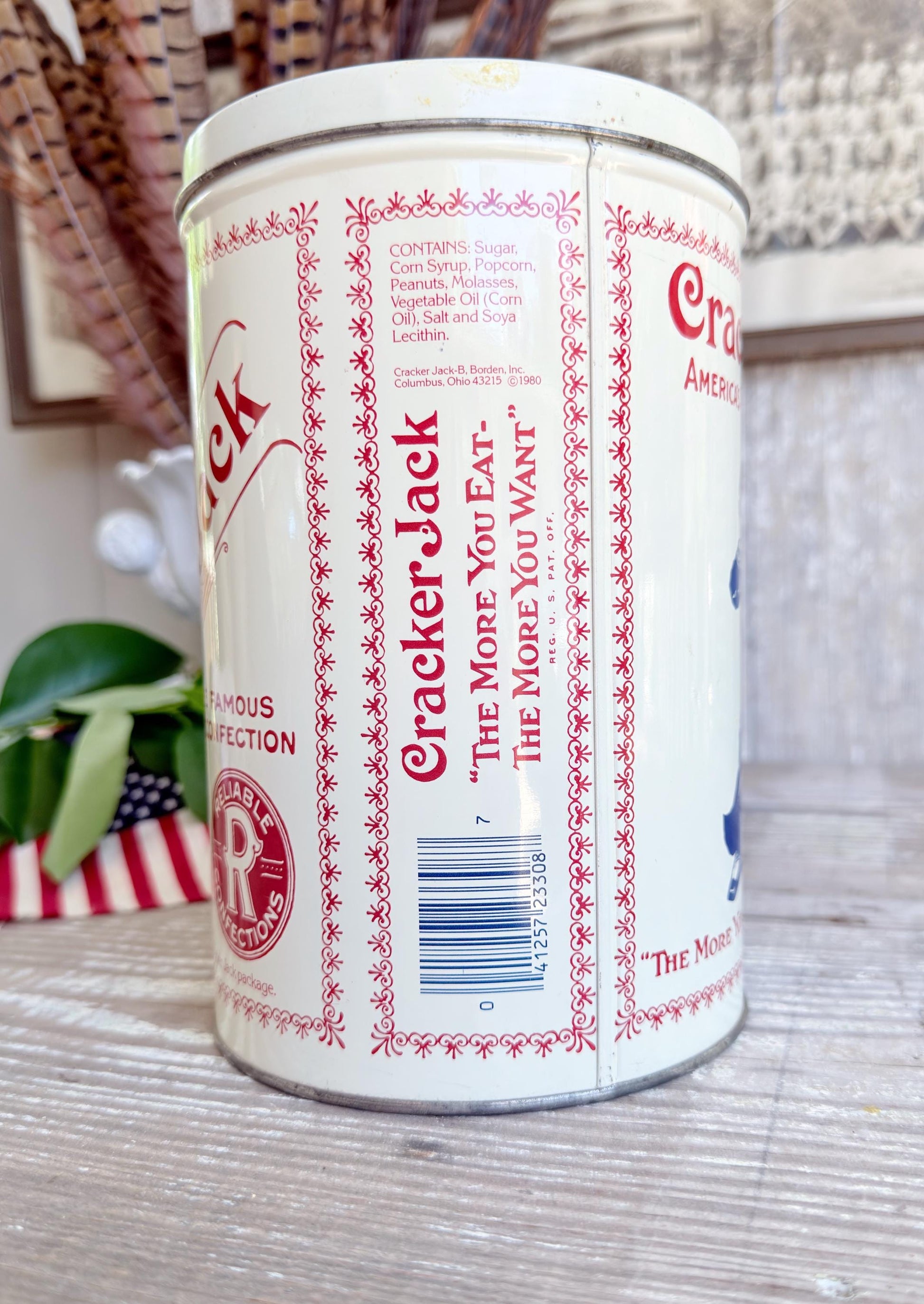 Vintage CRACKER JACK Tin Can Red White Blue Farmhouse Americana Decor
