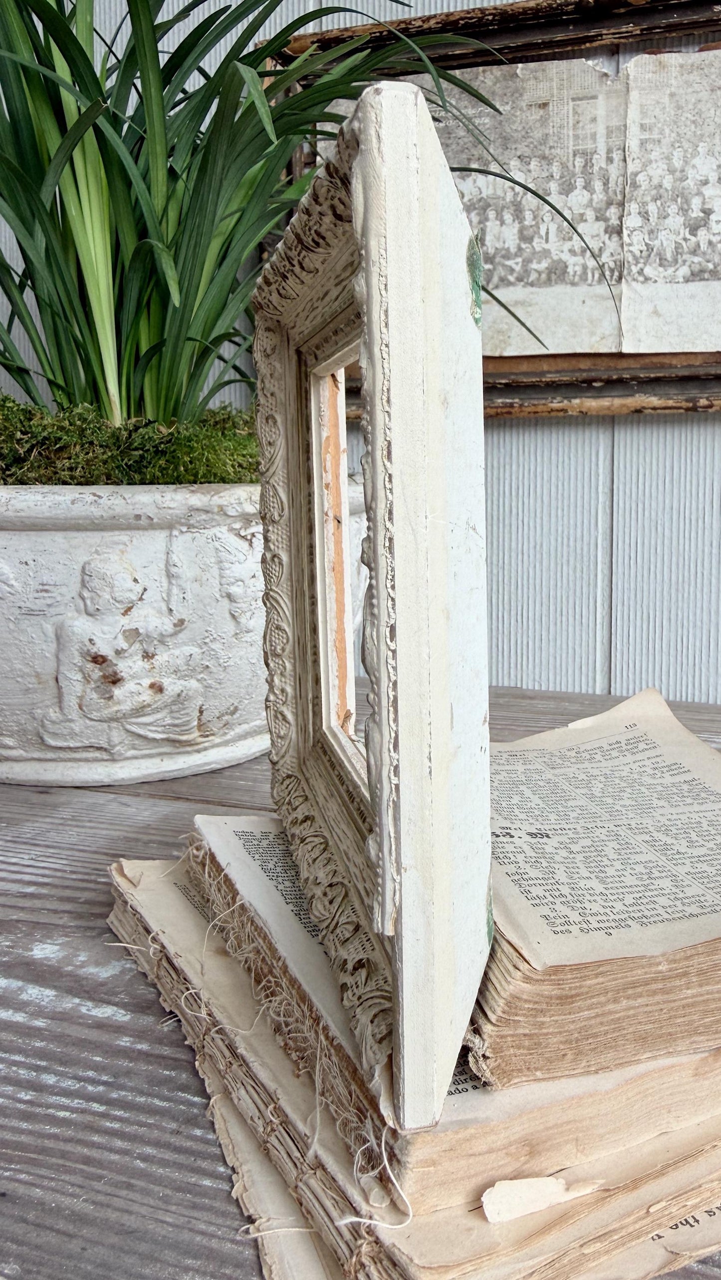 Vintage Wood Picture Frame, Carved Chippy White, Farmhouse Cottage Decor, Tabletop Display