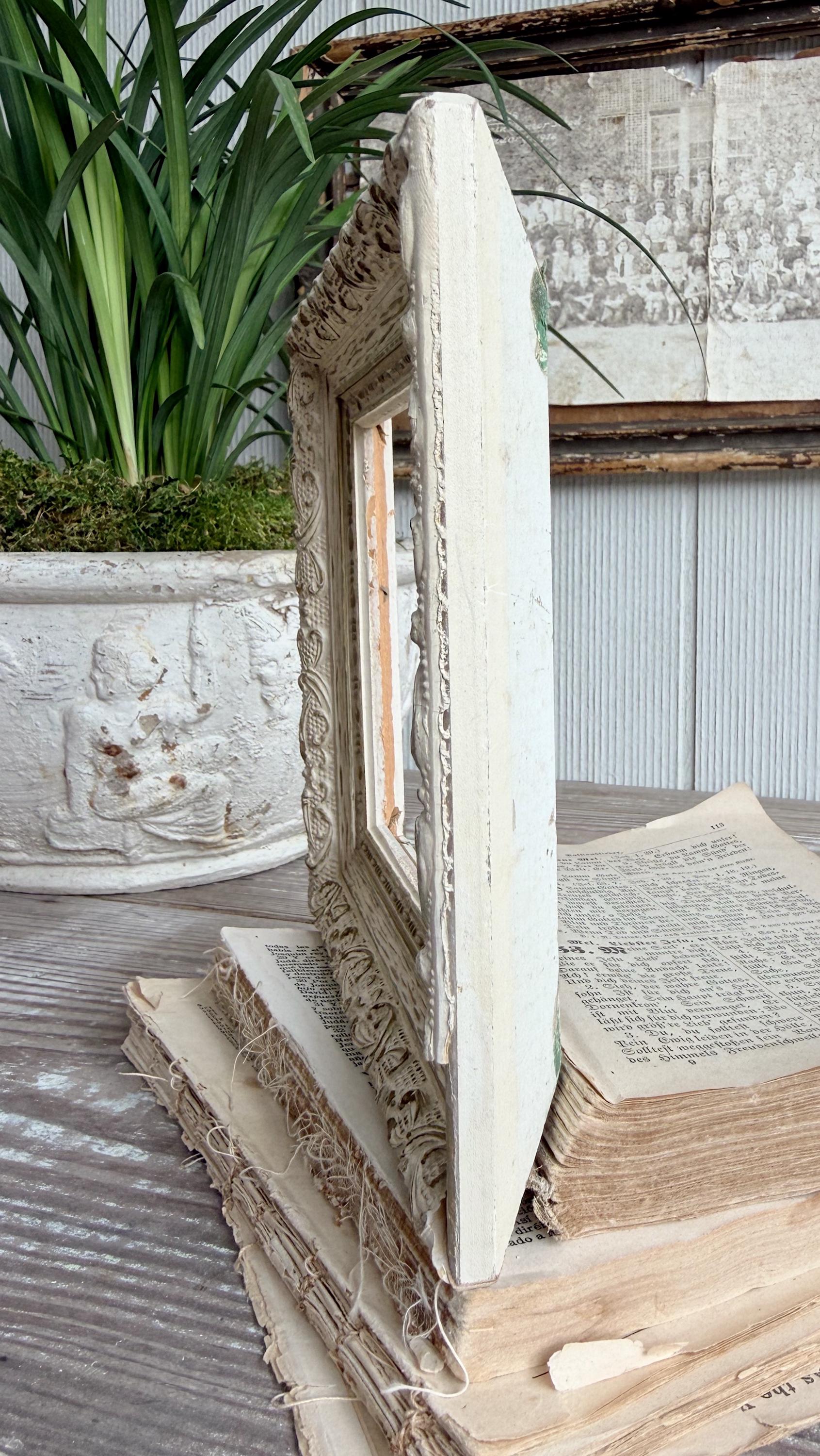 Vintage Wood Picture Frame, Carved Chippy White, Farmhouse Cottage Decor, Tabletop Display