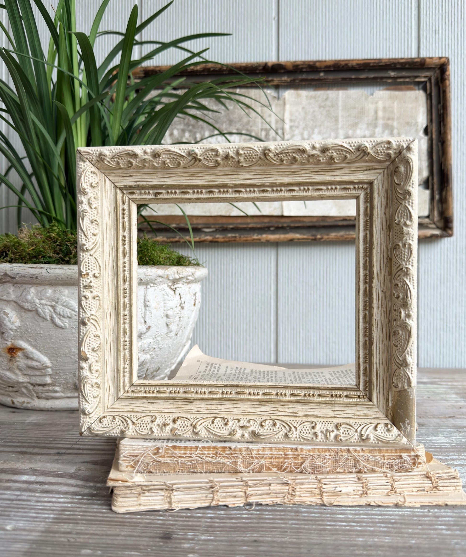 Vintage Wood Picture Frame, Carved Chippy White, Farmhouse Cottage Decor, Tabletop Display