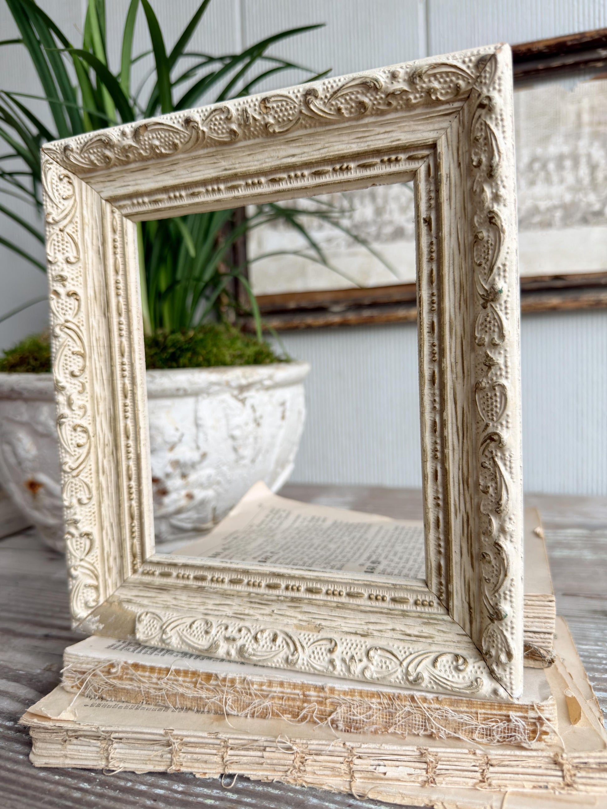 Vintage Wood Picture Frame, Carved Chippy White, Farmhouse Cottage Decor, Tabletop Display