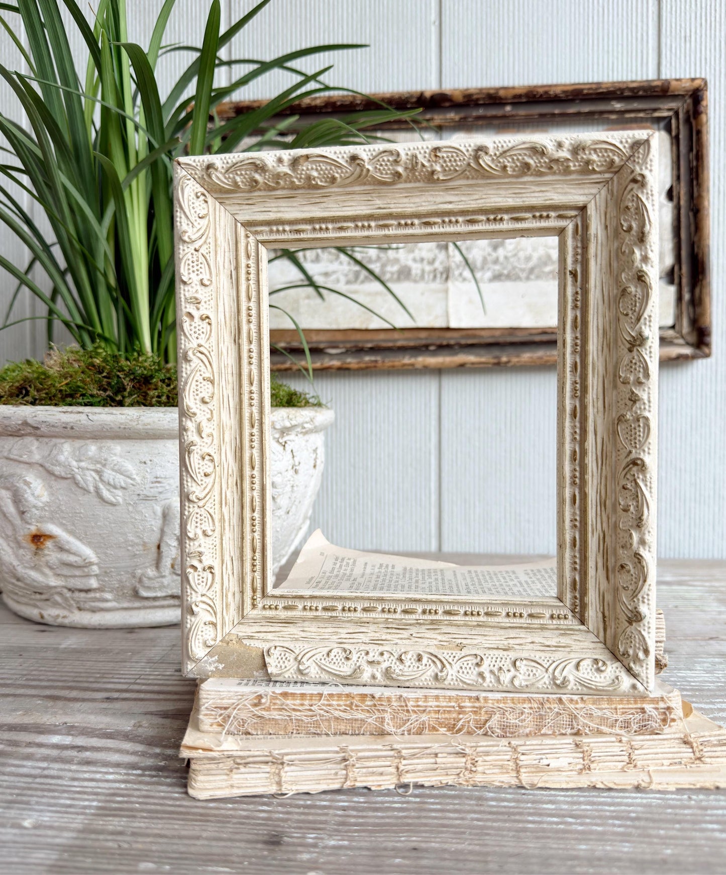 Vintage Wood Picture Frame, Carved Chippy White, Farmhouse Cottage Decor, Tabletop Display
