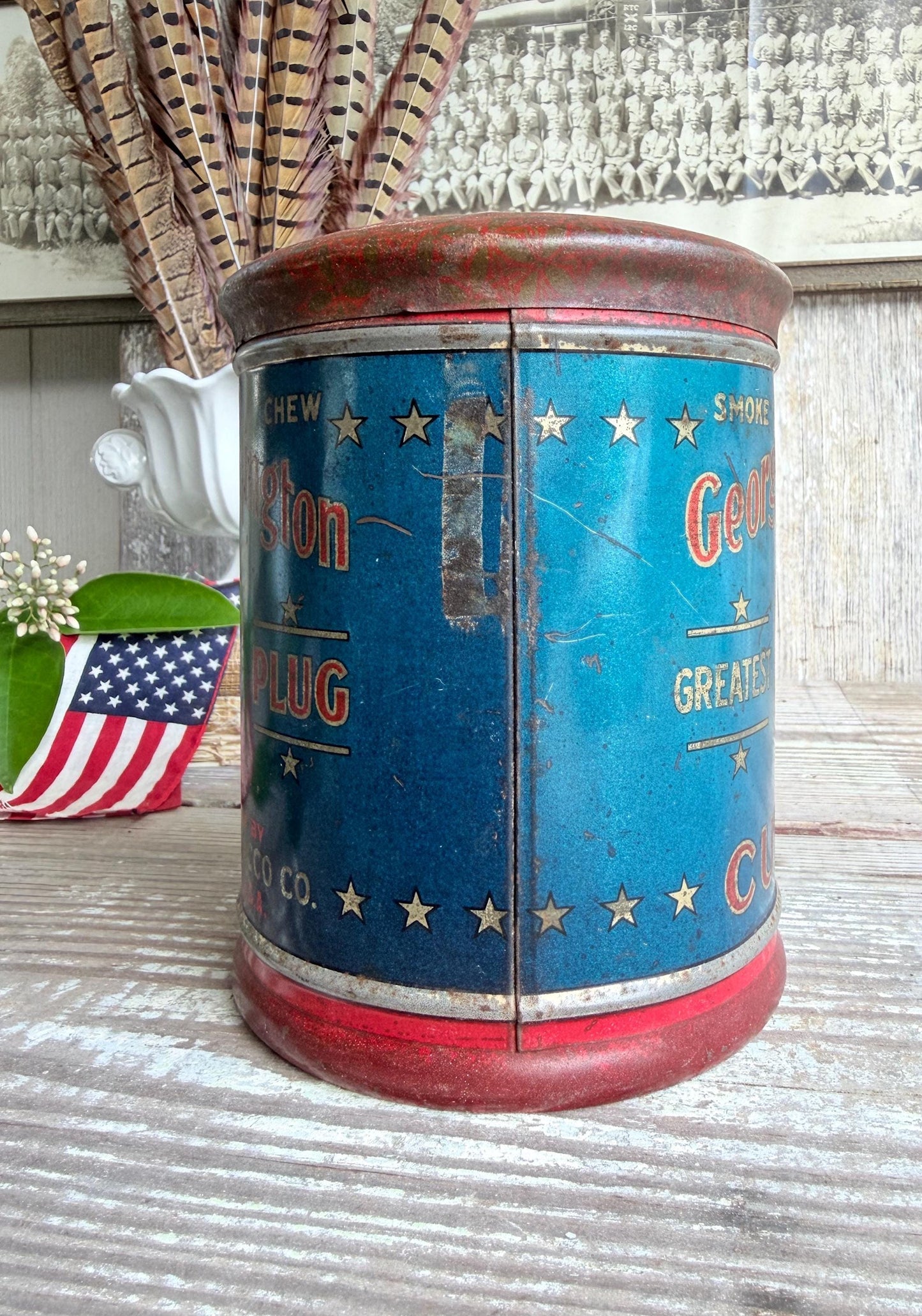 Antique Washington Tobacco Tin Americana Advertising Patriotic Farmhouee Decor