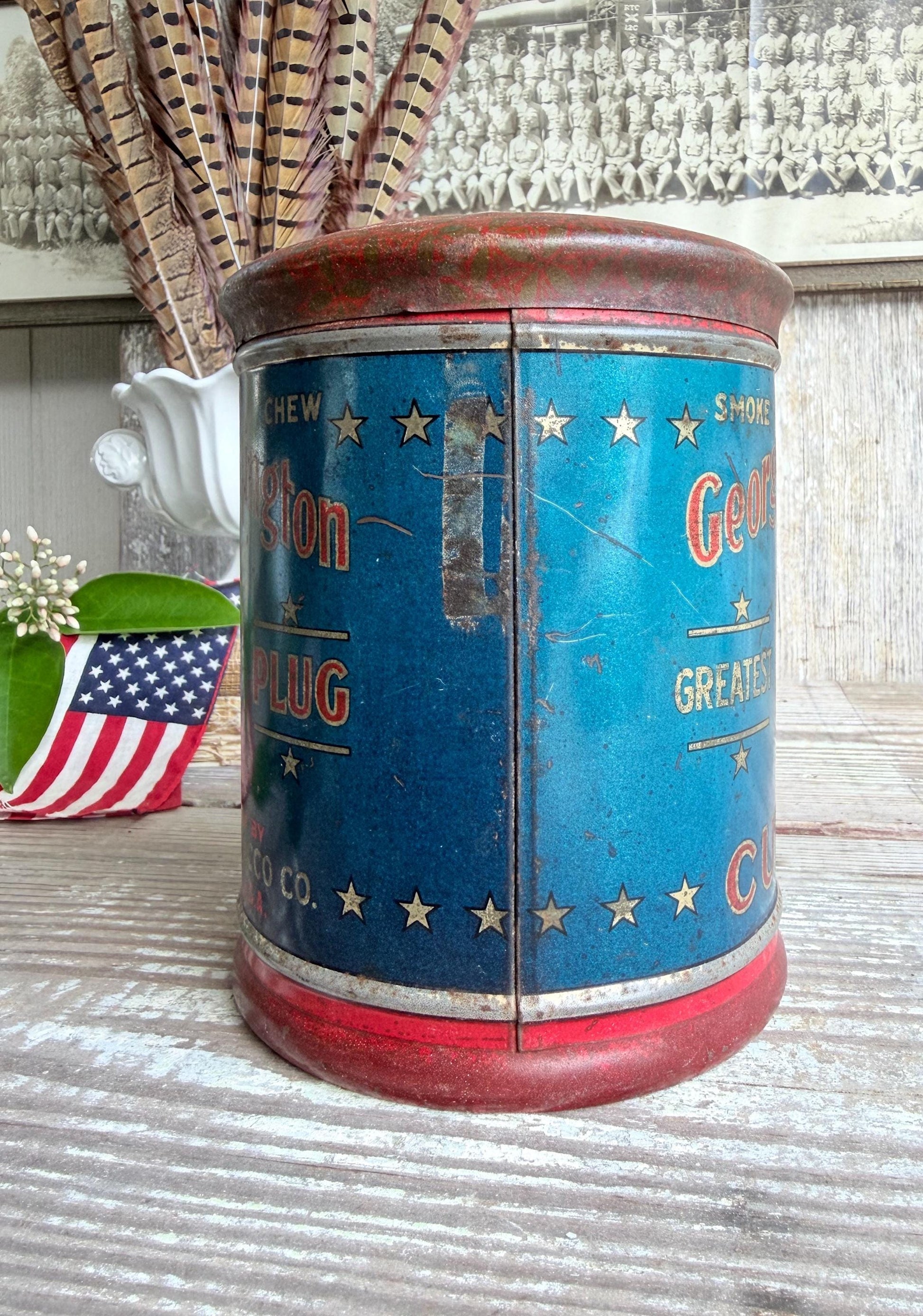 Antique Washington Tobacco Tin Americana Advertising Patriotic Farmhouee Decor