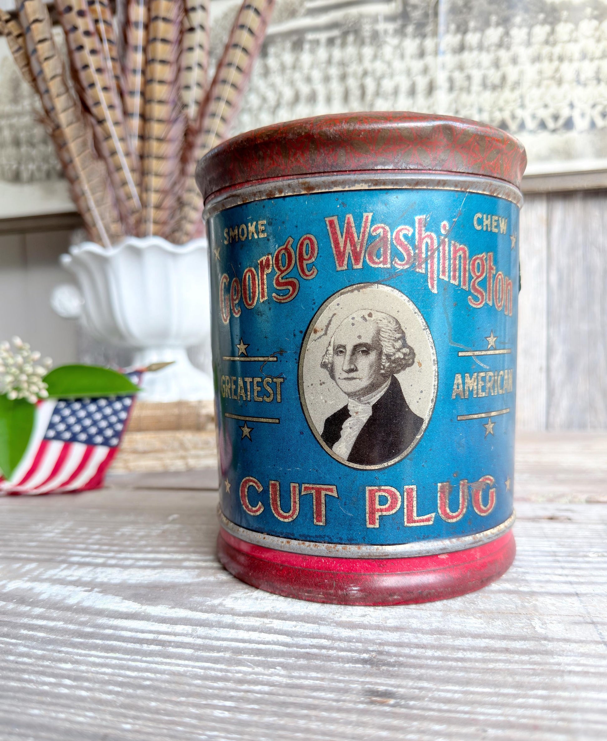 Antique Washington Tobacco Tin Americana Advertising Patriotic Farmhouee Decor